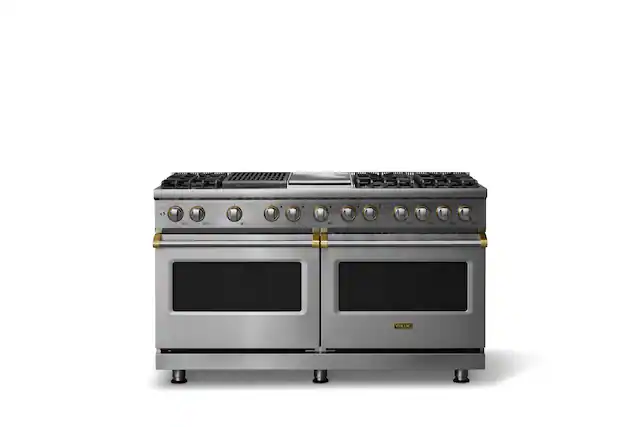 Front. Viking - 60"W. P5S 9.4 Cu.Ft. Freestanding Self-Clean Sealed 8B Dual Fuel Convection Rng/Grdl/Grl-Stainless Steel/Brushed Brass - Stainless Steel.