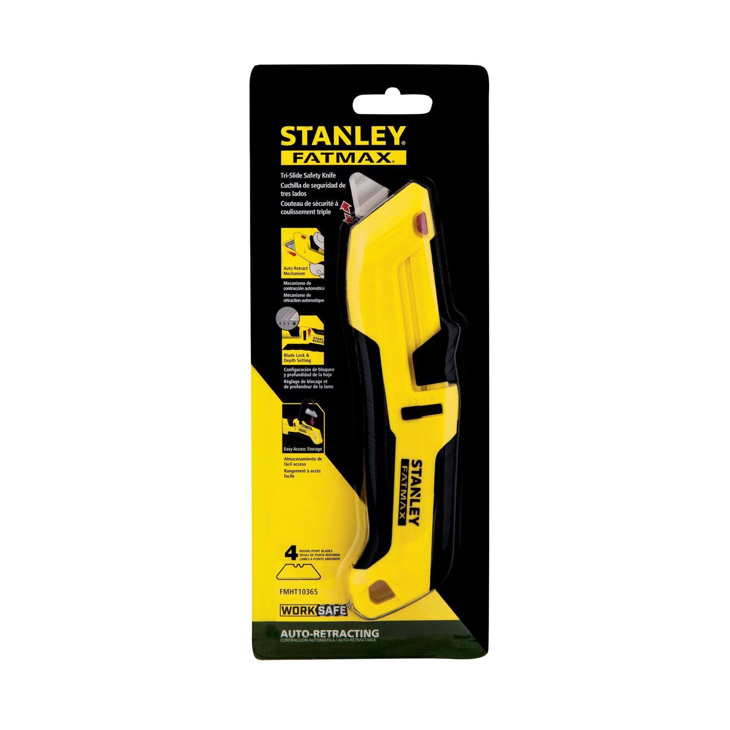 STANLEY FATMAX Tri-Slide Safety Knife  
Cuchilla de seguridad de tres lados  
Couteau de sécurité à coulissement triple  

- Auto-Retracting  
- Easy Access Storage  
- 4 Replacement Blades  

STANLEY FMH110365  
WORK SAFE AUTO-RETRACTING