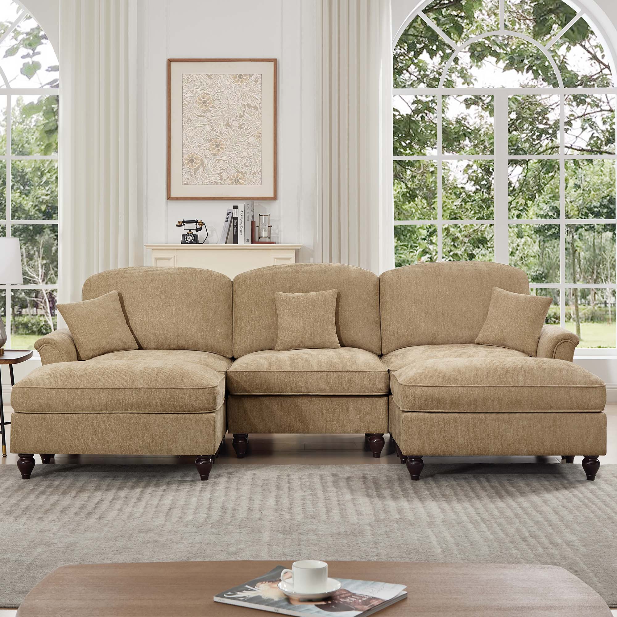 Alt View 2. Roomtec - Classic Comfy Modular U Shape Sectional Sofa Couch with Flared Arms and Removable Ruffles Pleats Skirts and Spindle - Light Coffee.