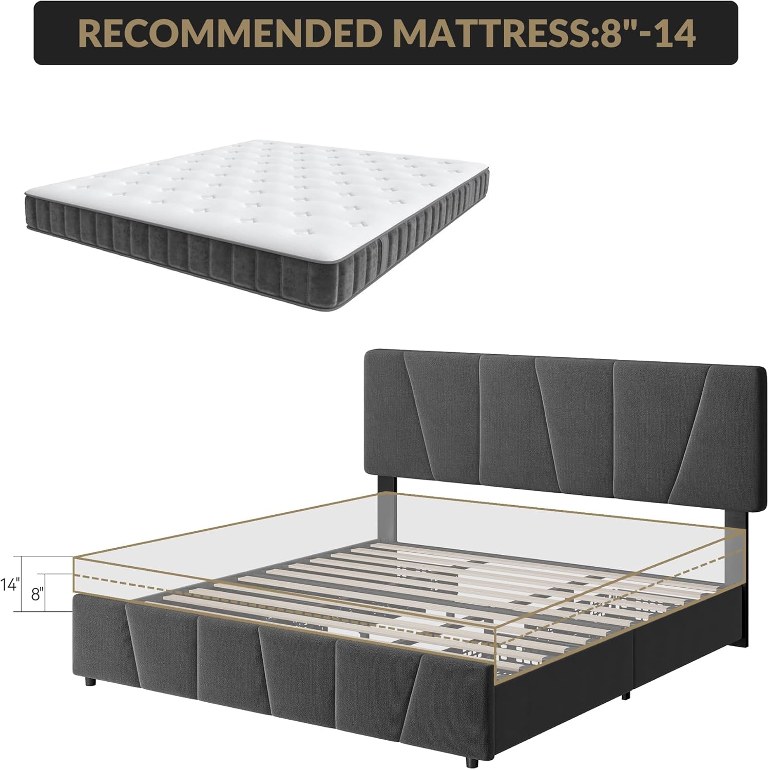 Qeetex Queen Size Bed Frame with Adjustable Headboard and 4 Storage ...