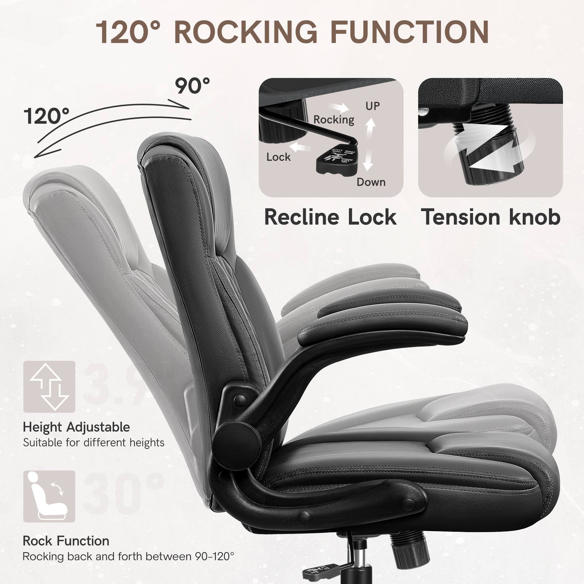 The image features a black office chair with a 120 rocking function. The chair has a rocking lock, a tension knob, and is height adjustable to suit different heights. The chair also has a 30 rock function, allowing it to rock back and forth between 90 and 120 degrees.