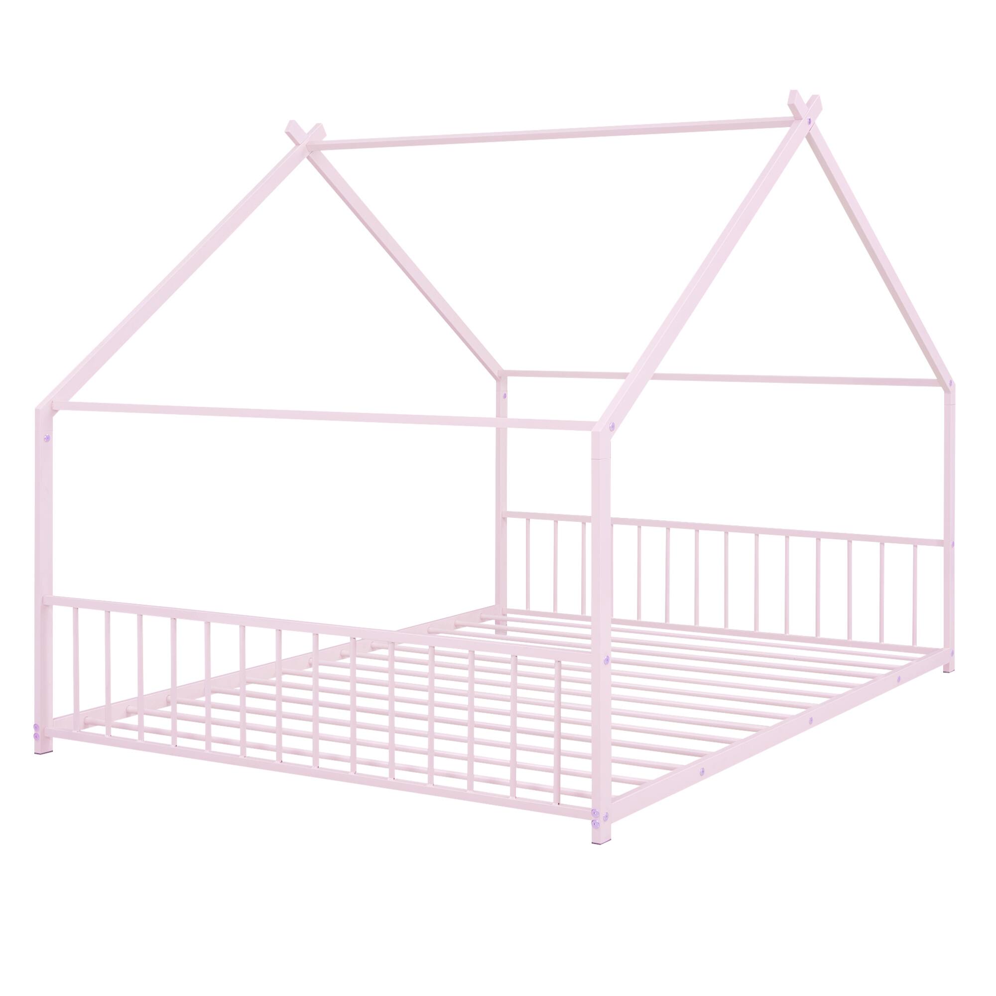 Alt View 1. GOODSILO - Full Size Metal House Bed with Playhouse Roof Design for Kids Room Furniture and Sleep Space - Pink.