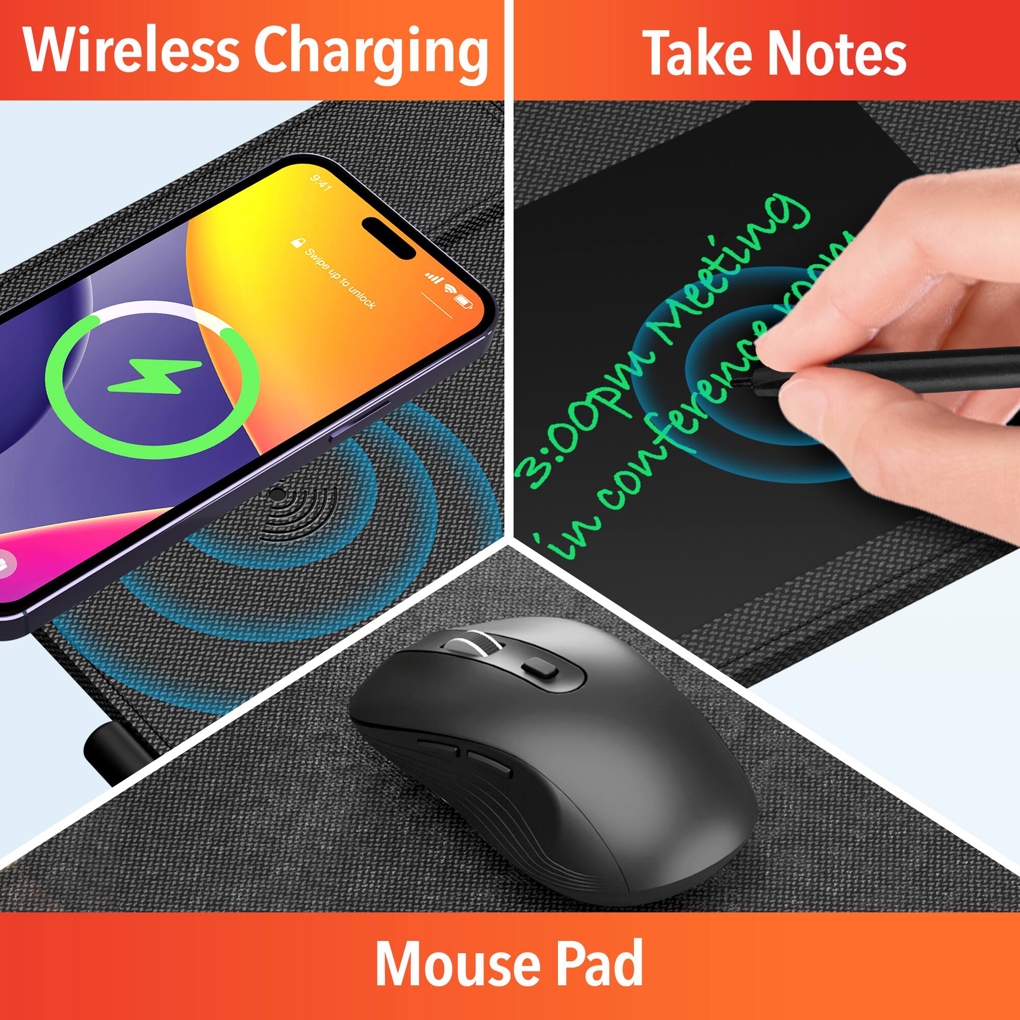 Wireless Charging, Take Notes, Mouse Pad, 9:41, Swipe to unlock, 3:00pm in conference