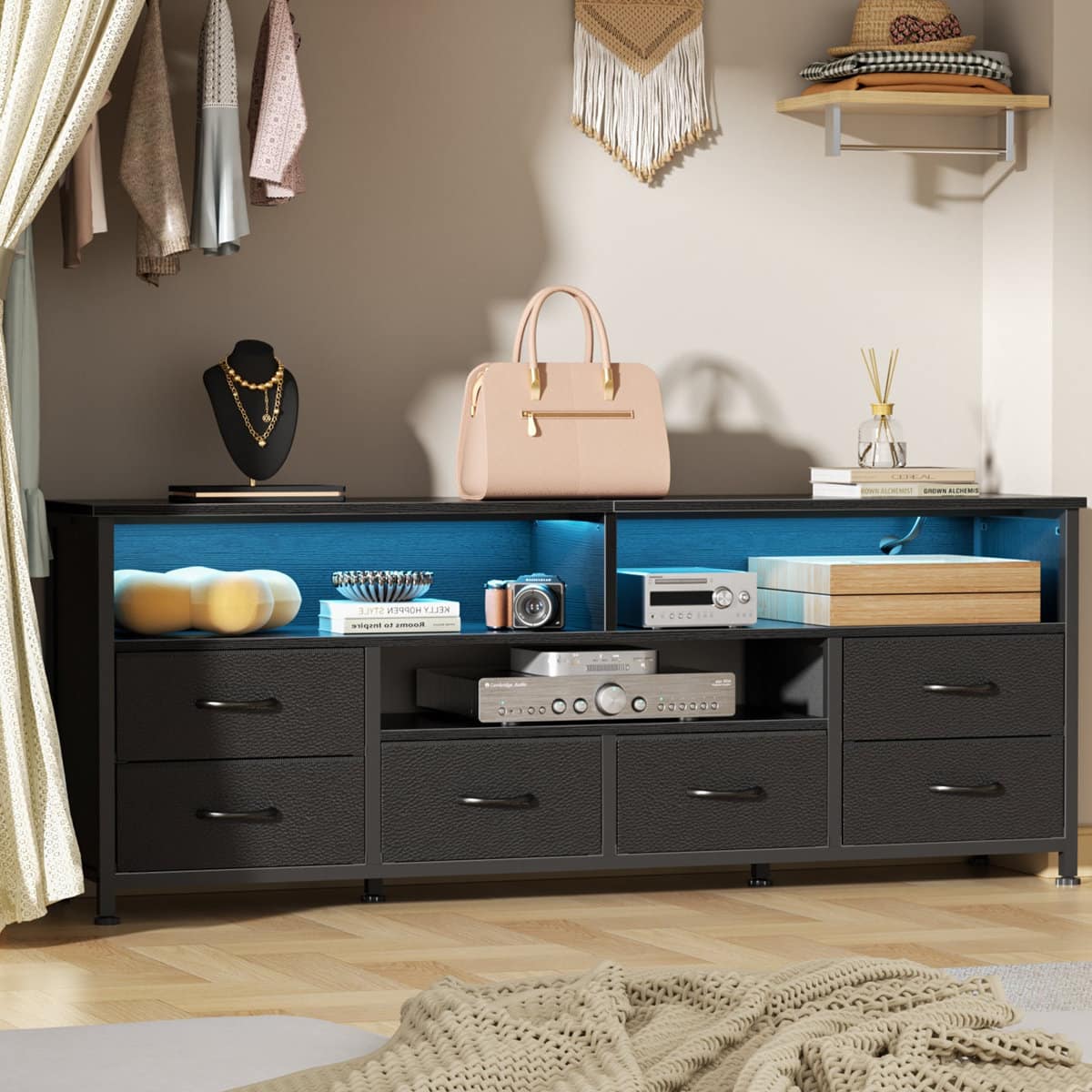 Furnulem - 63 In Modern TV Stand with LED Lights Charging Station 6 Drawers Versatile Media Console for Living Room Bedroom - Black