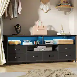 Furnulem - 63 In Modern TV Stand with LED Lights Charging Station 6 Drawers Versatile Media Console for Living Room Bedroom - Black