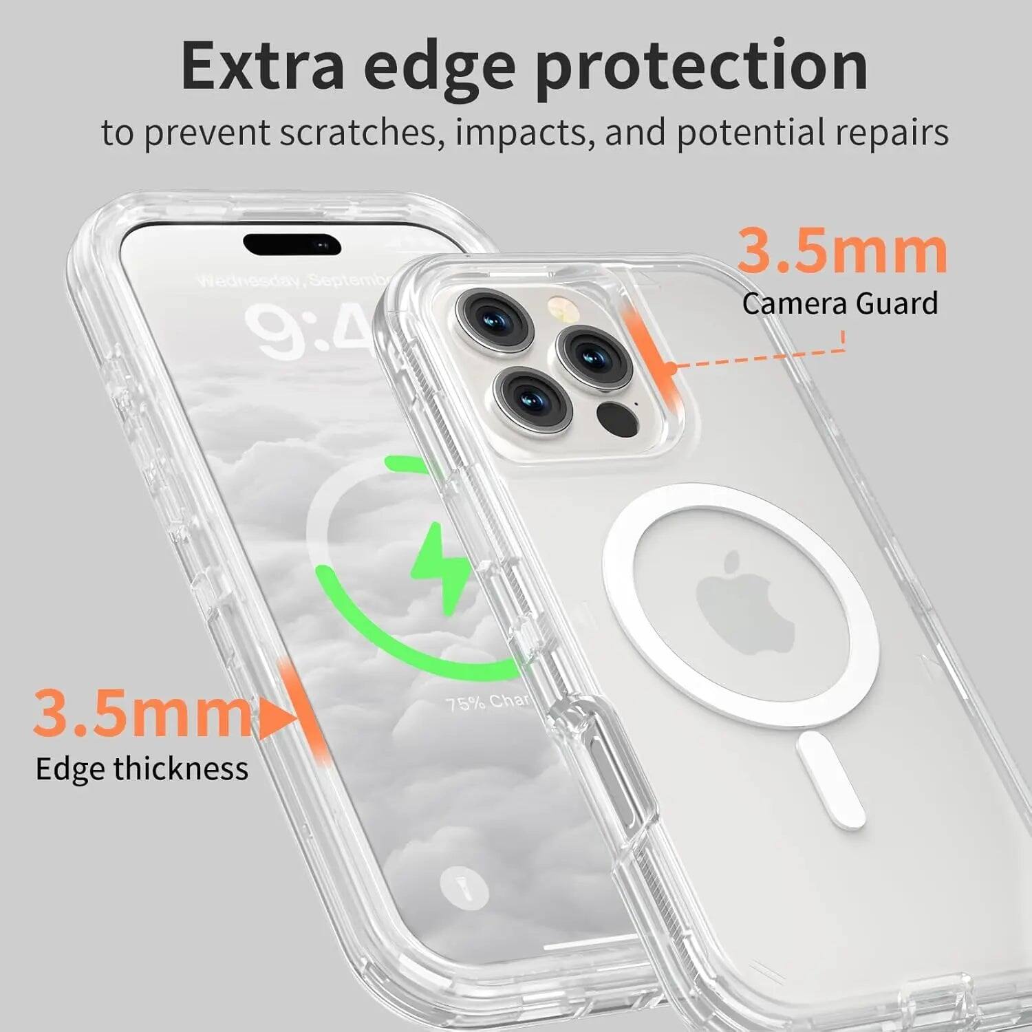 Extra edge protection to prevent scratches, impacts, and potential repairs

Wednesday September 9:43

3.5mm Camera Guard

3.5mm Edge thickness

75% Charge