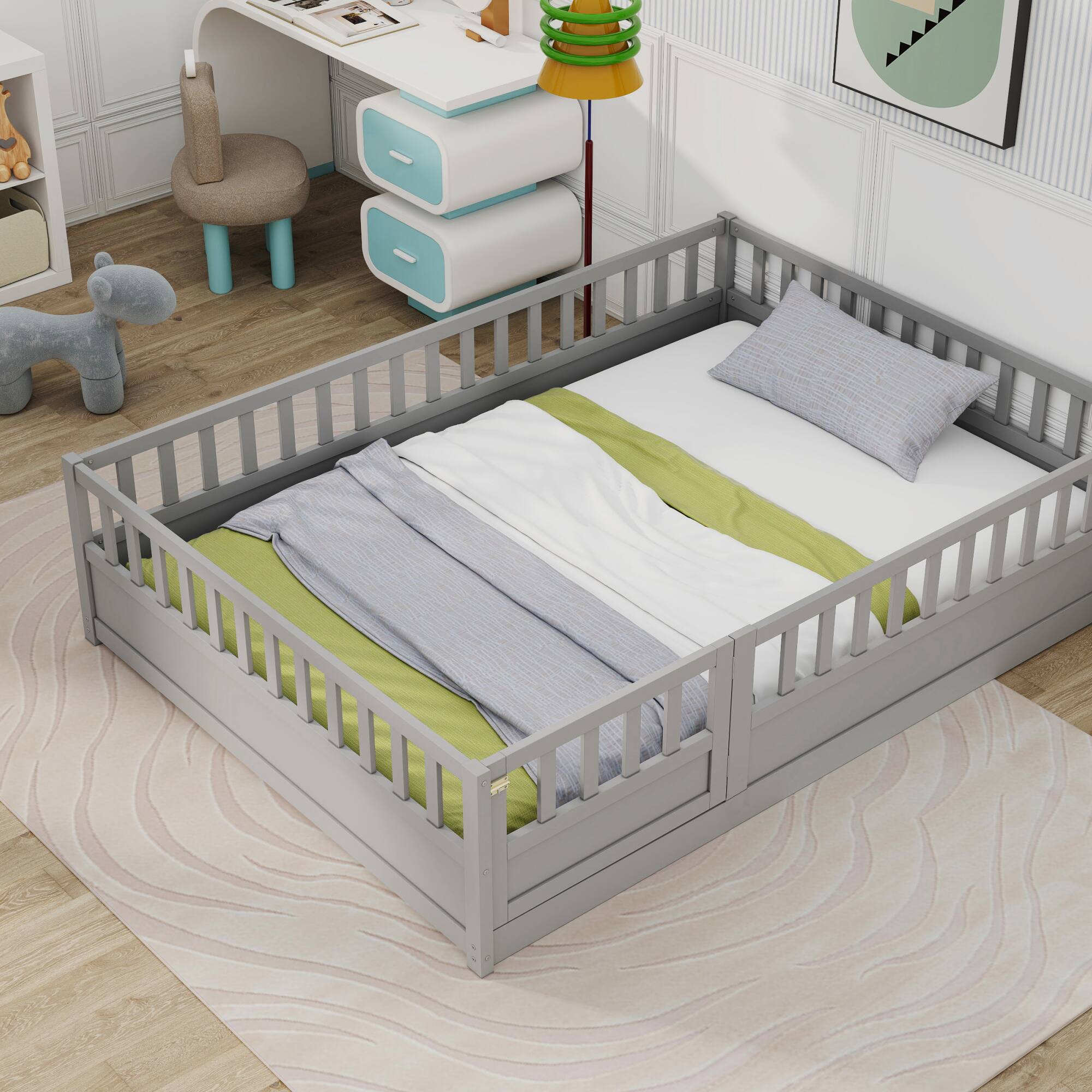 Left. GOODSILO - Full Size Floor Bed with High Security Barrier and Door for Children, Montessori Style Wooden Frame - Grey.