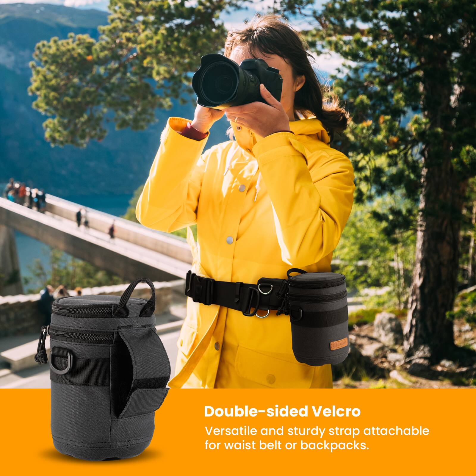 Double-sided Velcro  
Versatile and sturdy strap attachable for waist belt or backpacks.