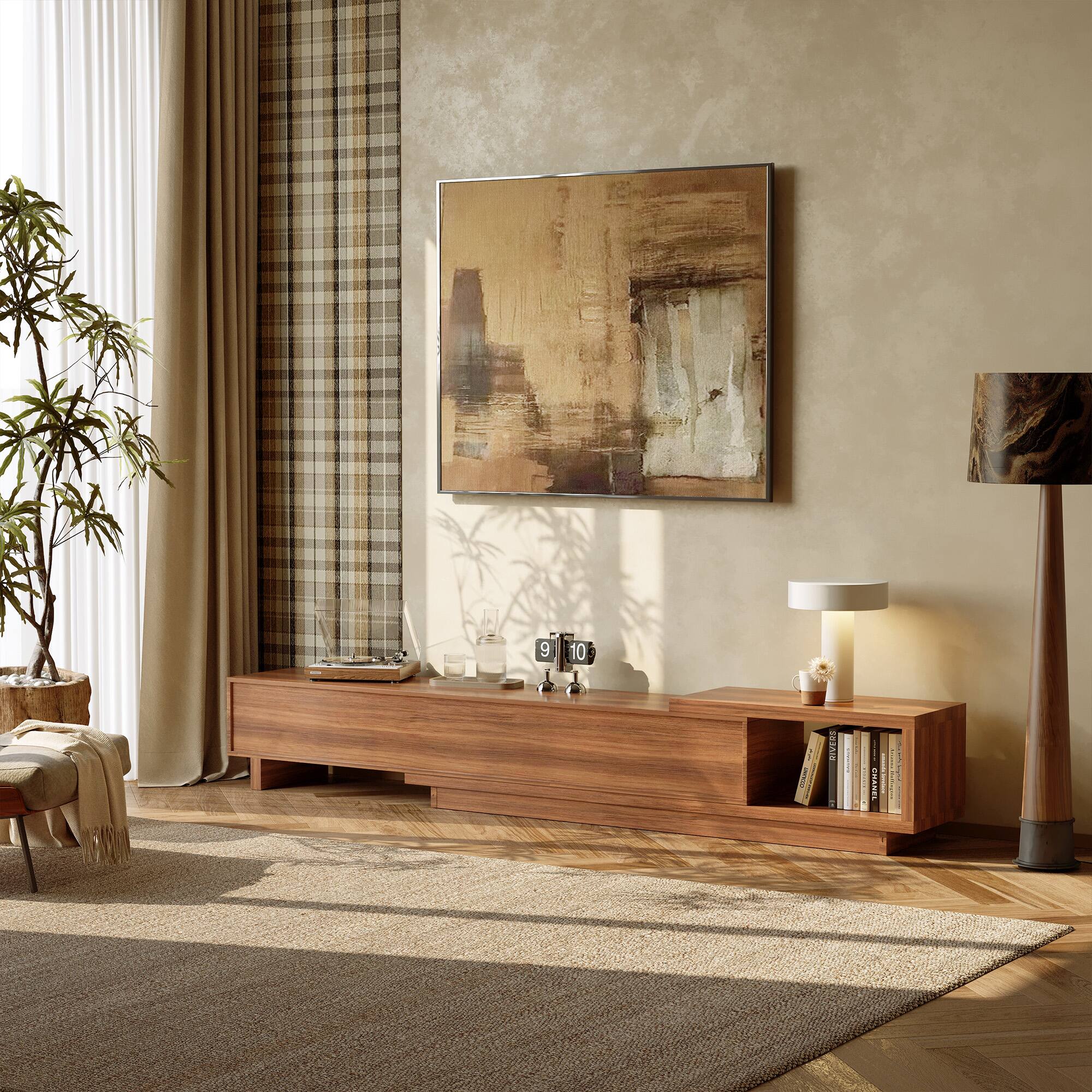 Alt View 4. luck idea - 78.74"–102.3" Extendable TV Stand with 3 Drawers, Textured Front Design & Modern Media Console for Living Room - Walnut Color.