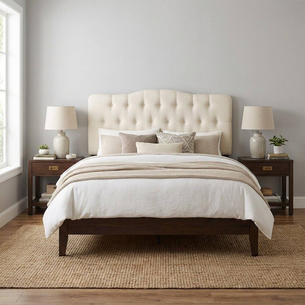 Left. FurniFact - Upholstered Fabric King Headboard with Padded Design for Comfortable Support - Beige.