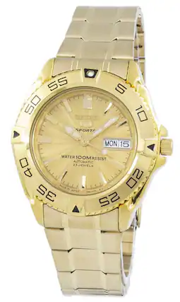 Sure, here is the corrected and grouped text from the image:
- SEIKO
- SPORTS
- MON 15
- WATER 100M RESIST
- AUTOMATIC
- 23 JEWELS
- MADE IN JAPAN
- 7996-0172