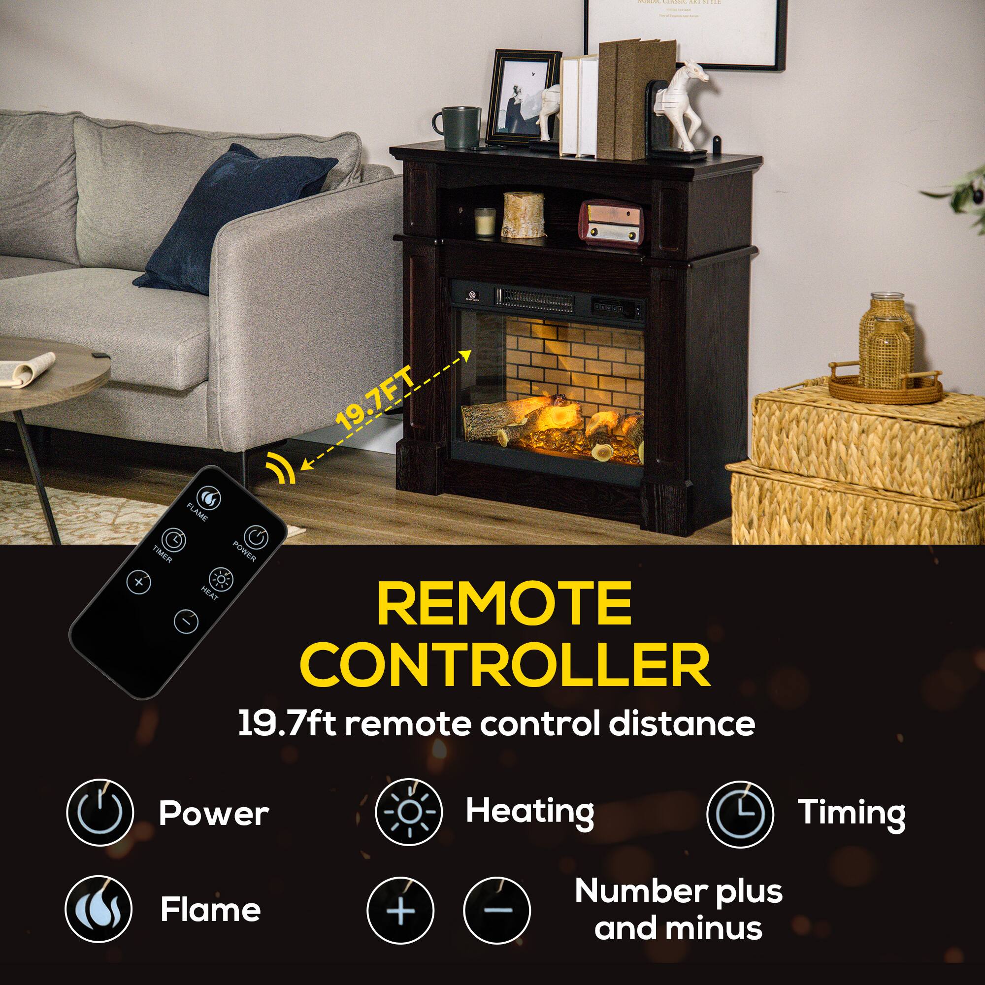 REMOTE CONTROLLER

19.7ft remote control distance

- Power
- Heating
- Timing
- Flame
- Number plus and minus