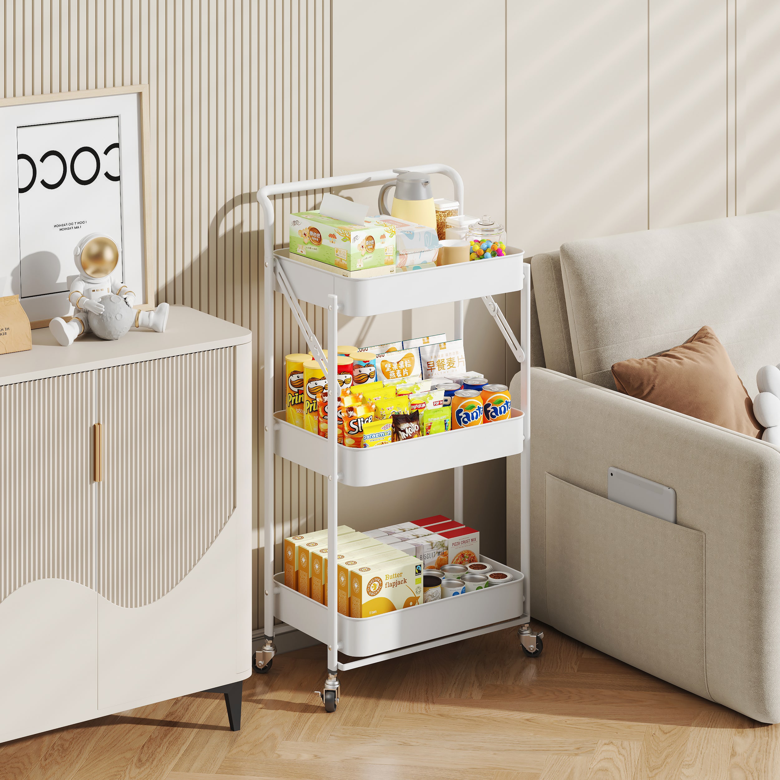 Malletson - 3-Tier Foldable Rolling Cart, Storage Rack with Handle Multi-Purpose and Locking Wheels for Office, Kitchen, Bathroom - White