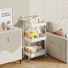 Malletson - 3-Tier Foldable Rolling Cart, Storage Rack with Handle Multi-Purpose and Locking Wheels for Office, Kitchen, Bathroom - White