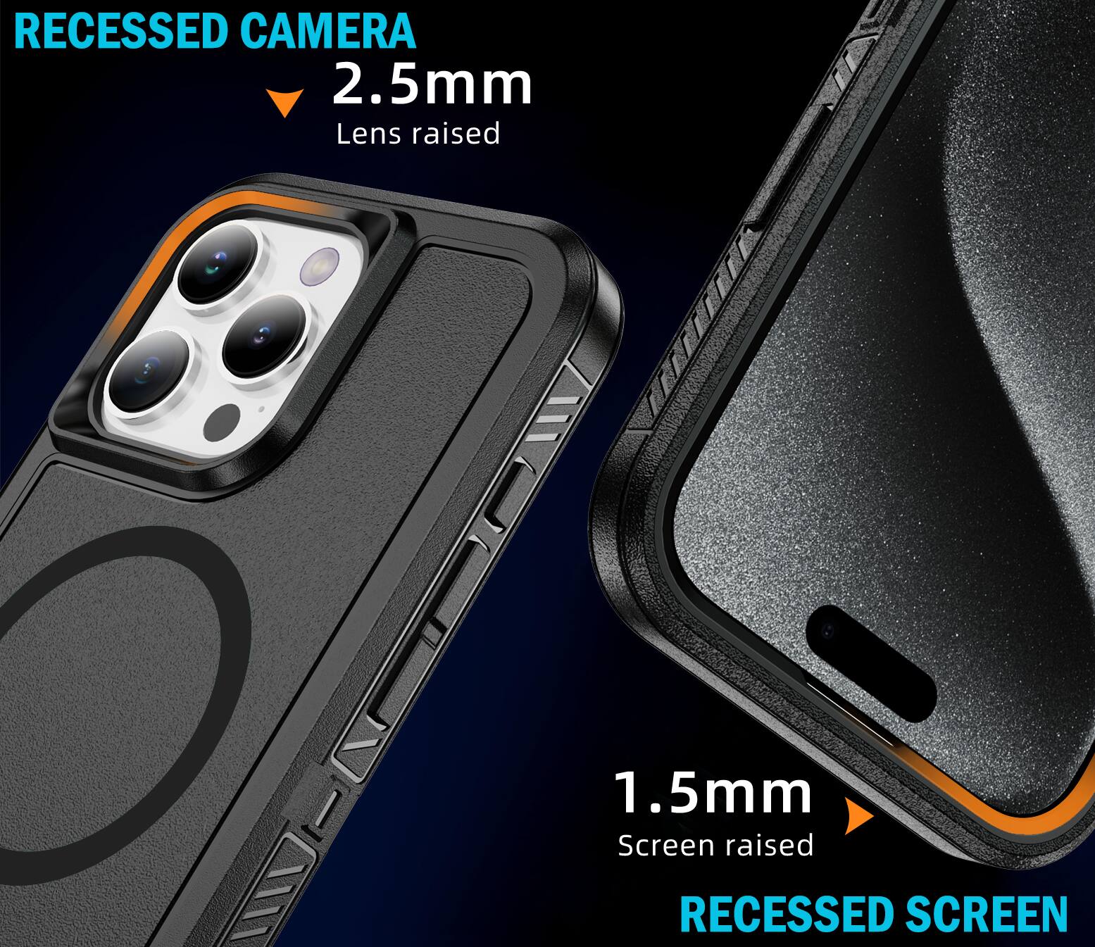 RECESSED CAMERA  
2.5mm  
Lens raised  

1.5mm  
Screen raised  

RECESSED SCREEN