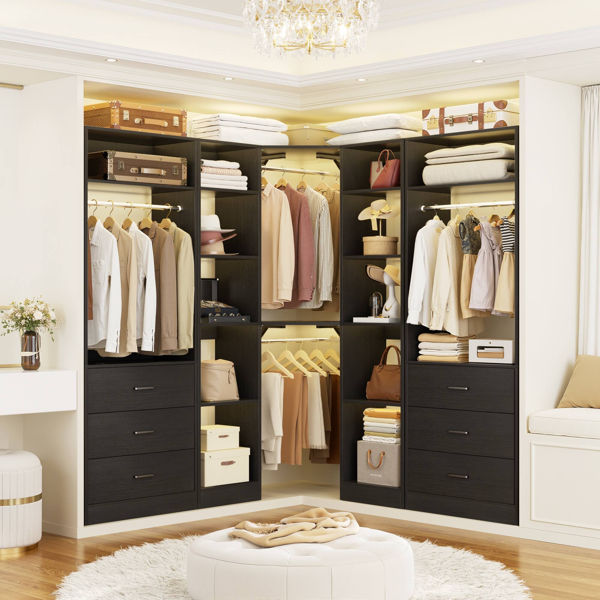 Left. Aheaplus - Reversible L Shaped Corner Walk-in Closet System - 6 Drawers, 20+ Shelves, 4 Hanging Rods, 2500+LBS Load,63.2"L-87.2"L. - Black.