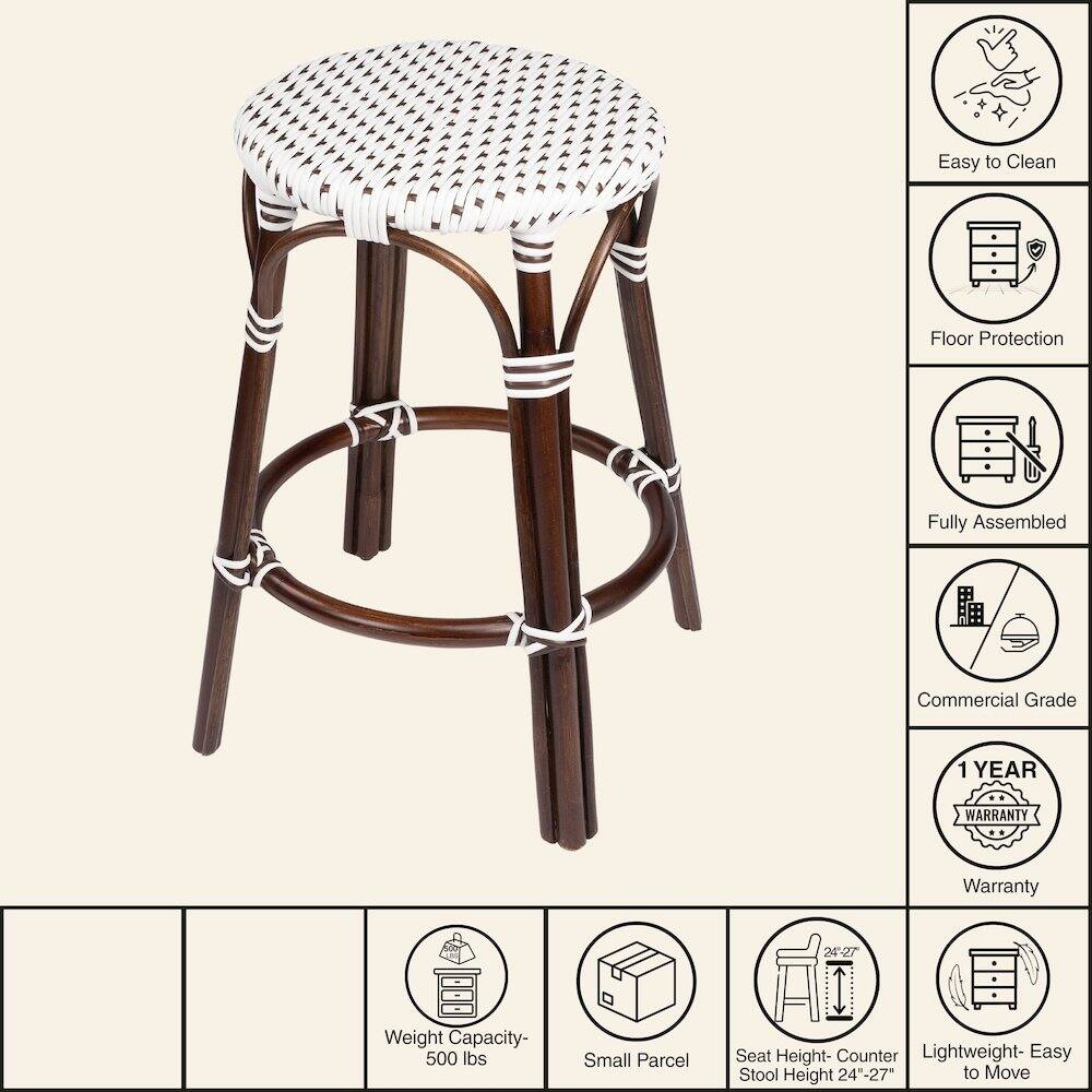 Easy to Clean  
Floor Protection  
Fully Assembled  
Commercial Grade  
1 YEAR WARRANTY  
Weight Capacity- 500 lbs  
Small Parcel  
Seat Height- Counter Stool Height 24"-27"  
Lightweight- Easy to Move