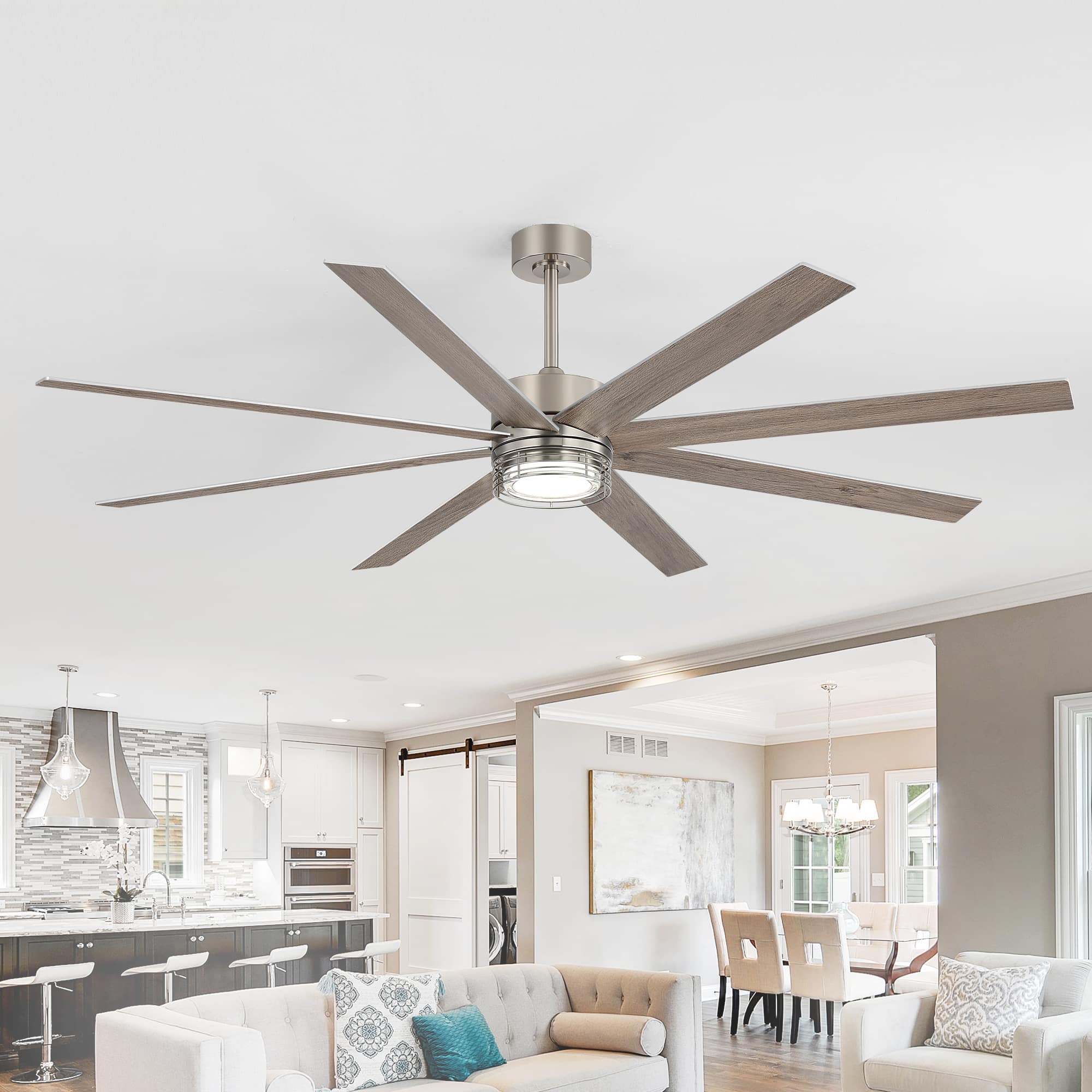Breezary - 72-Inch Modern Ceiling Fan with Dimmable 3-Color LED Light 8 Blades DC Motor Remote Timer Downrod Mount - 72-inch White