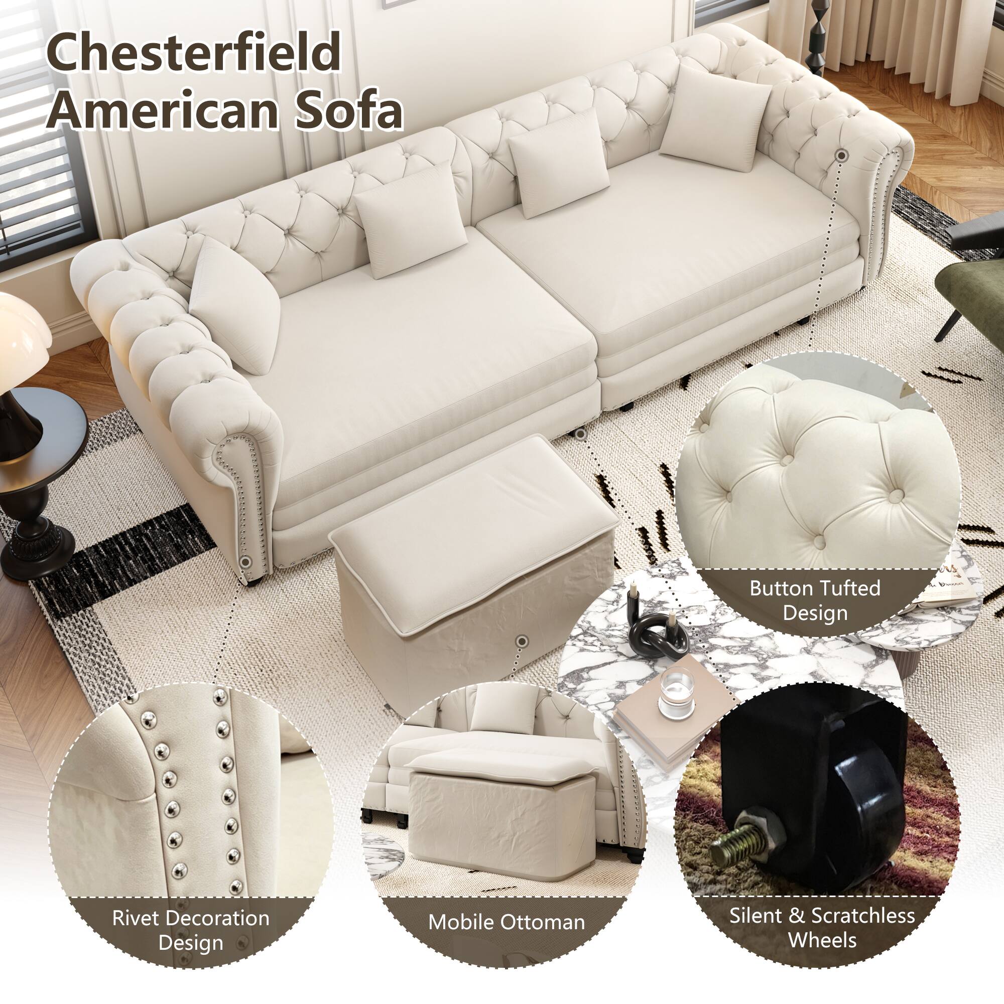 Chesterfield American Sofa

- Button Tufted Design
- Rivet Decoration Design
- Mobile Ottoman
- Silent & Scratchless Wheels