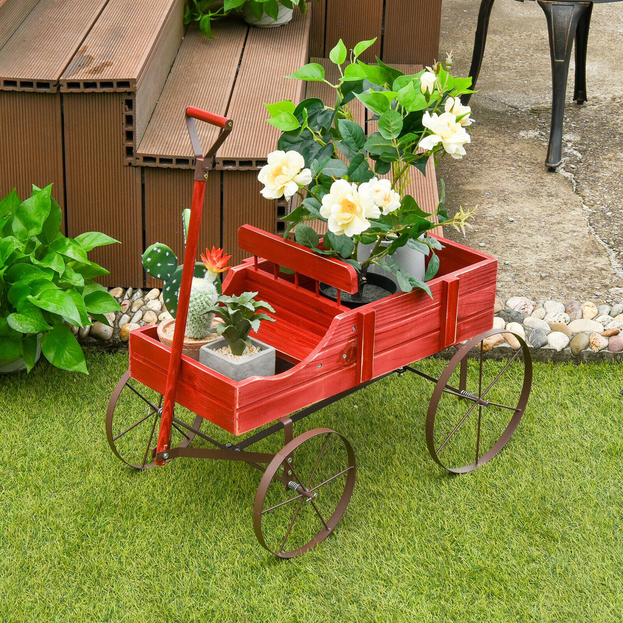 Alt View 3. Costway - Garden Plant Planter Wooden Wagon Planter W/ Wheel Garden Yard - Red.