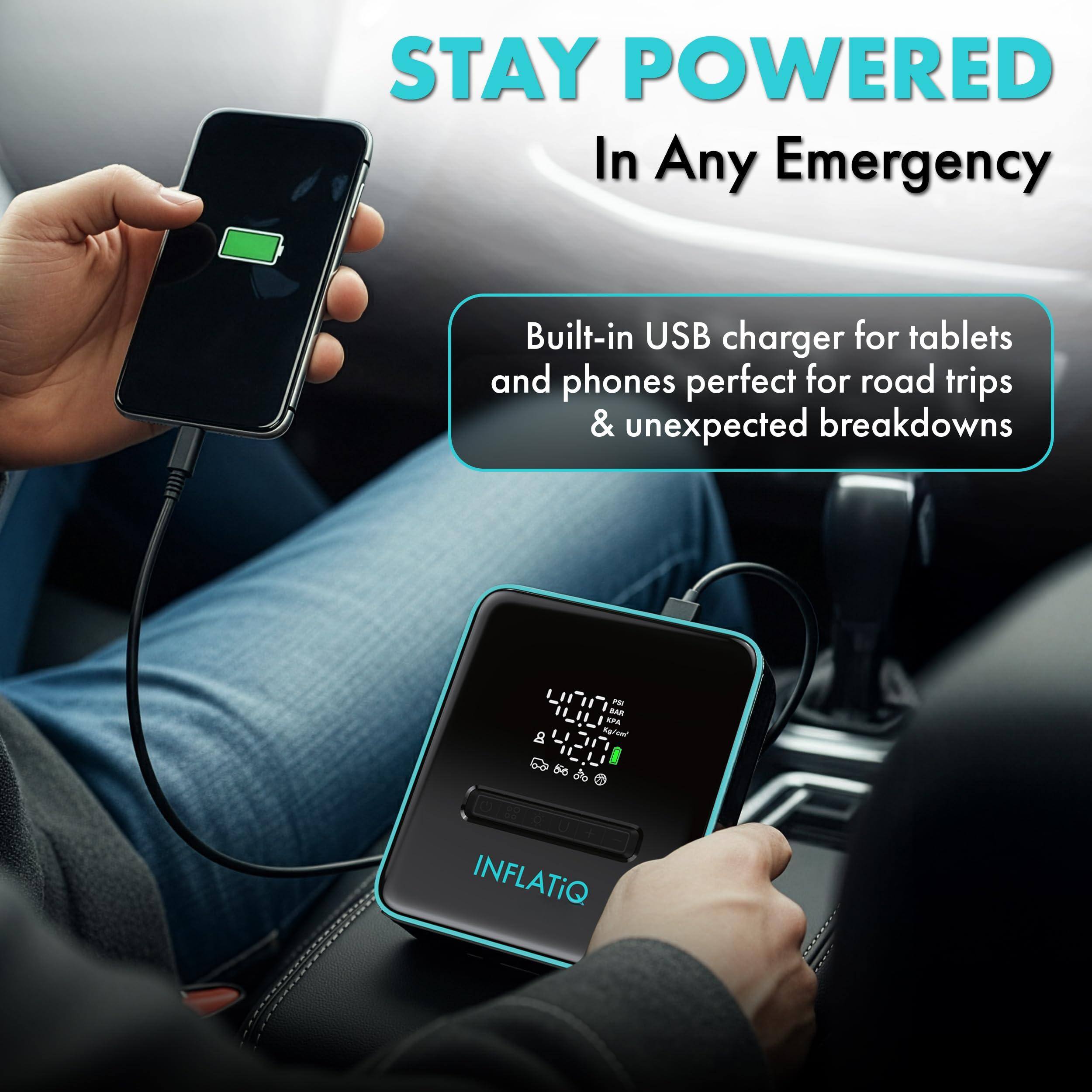 STAY POWERED  
In Any Emergency  

Built-in USB charger for tablets and phones perfect for road trips & unexpected breakdowns  

INFLATIQ
