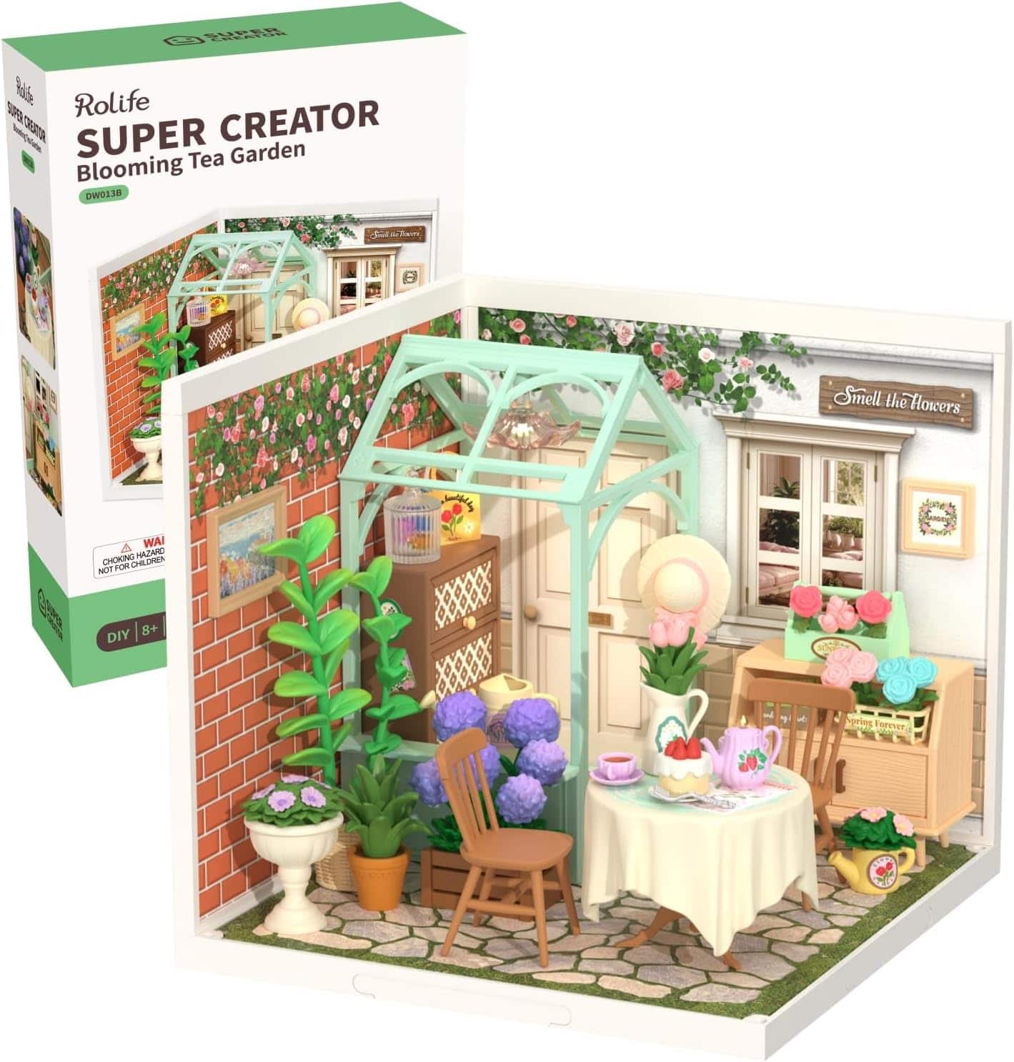 Robotime - Rolife Blooming Tea Garden Super Creator-DIY Plastic Miniature House for Adults, Mini Blocks Model Kit Building Set - Brown
