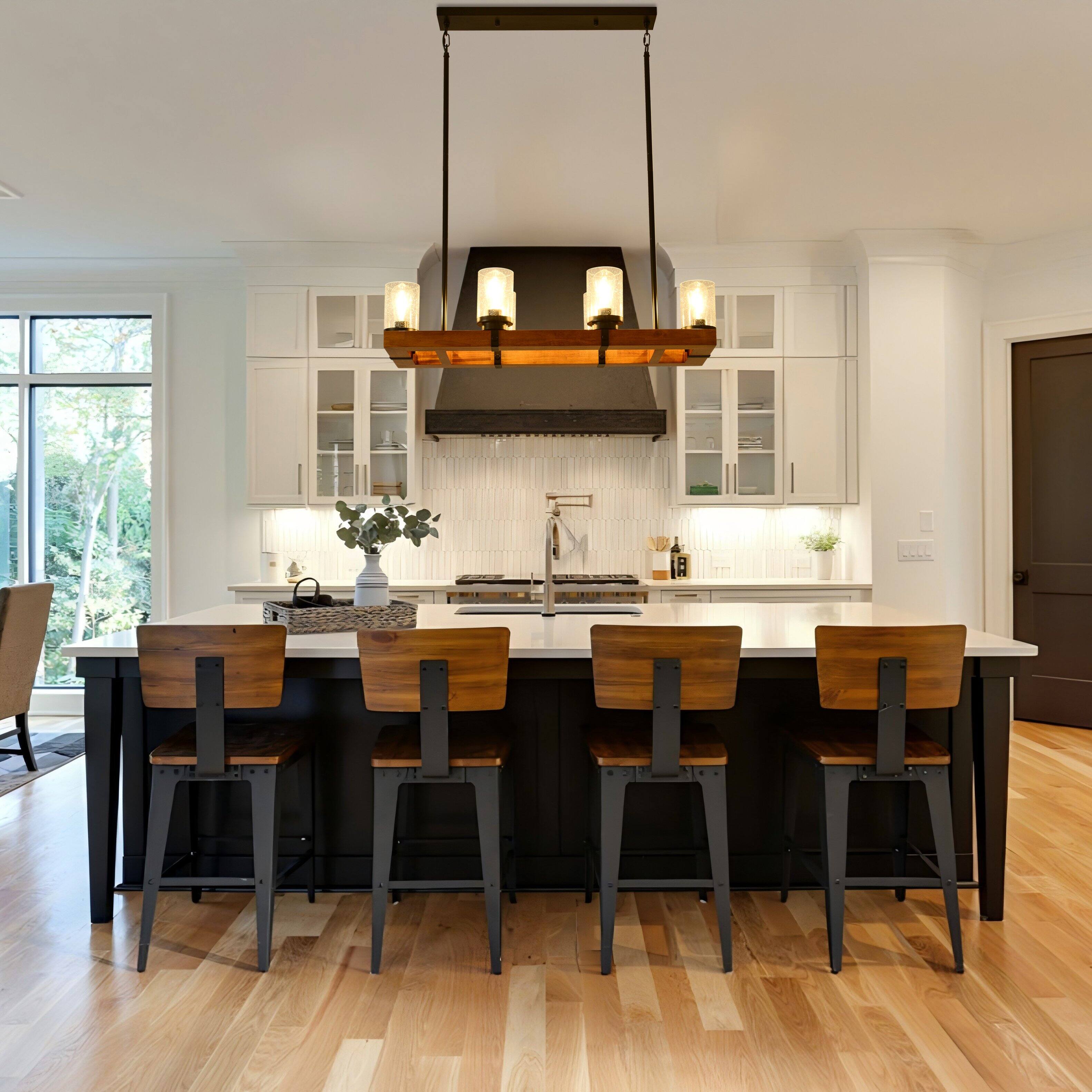 Alt View 5. RYHNUYNE - 6-Light Farmhouse Wood Chandelier with Seeded Glass Shades - Rustic Rectangular Pendant Light for Dining Room Kitchen - Black.