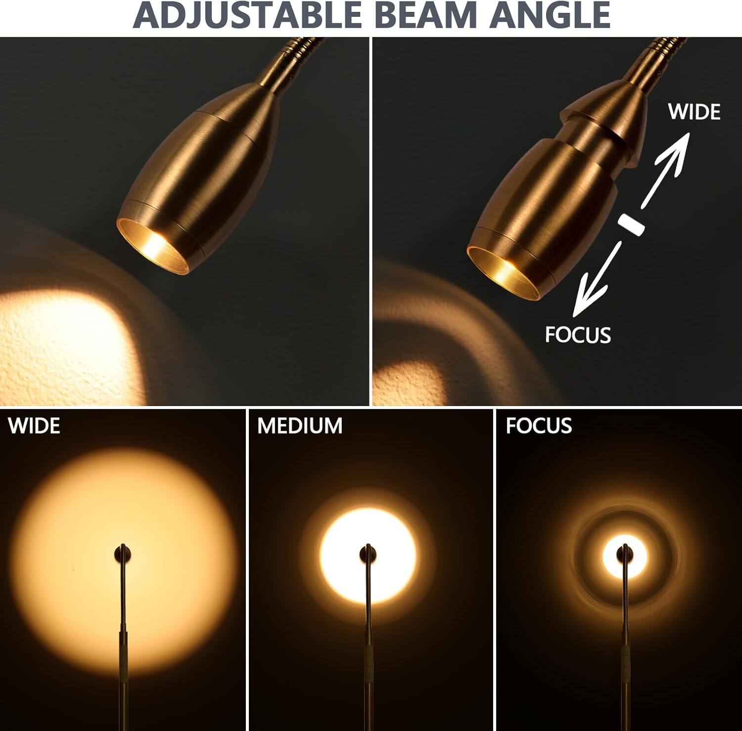 ADJUSTABLE BEAM ANGLE

WIDE FOCUS

MEDIUM FOCUS

FOCUS