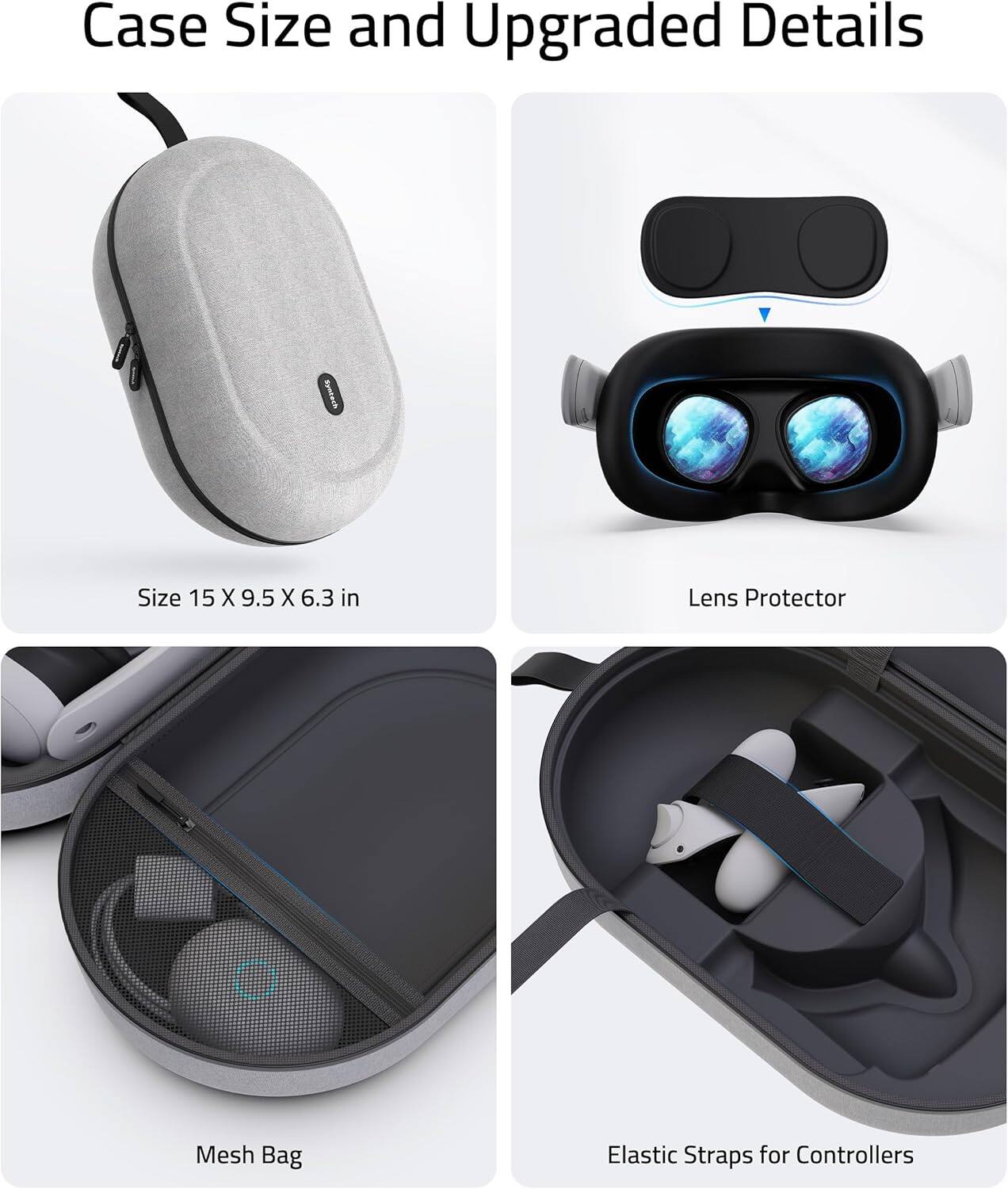 Case Size and Upgraded Details

- Size 15 x 9.5 x 6.3 in
- Lens Protector
- Mesh Bag
- Elastic Straps for Controllers