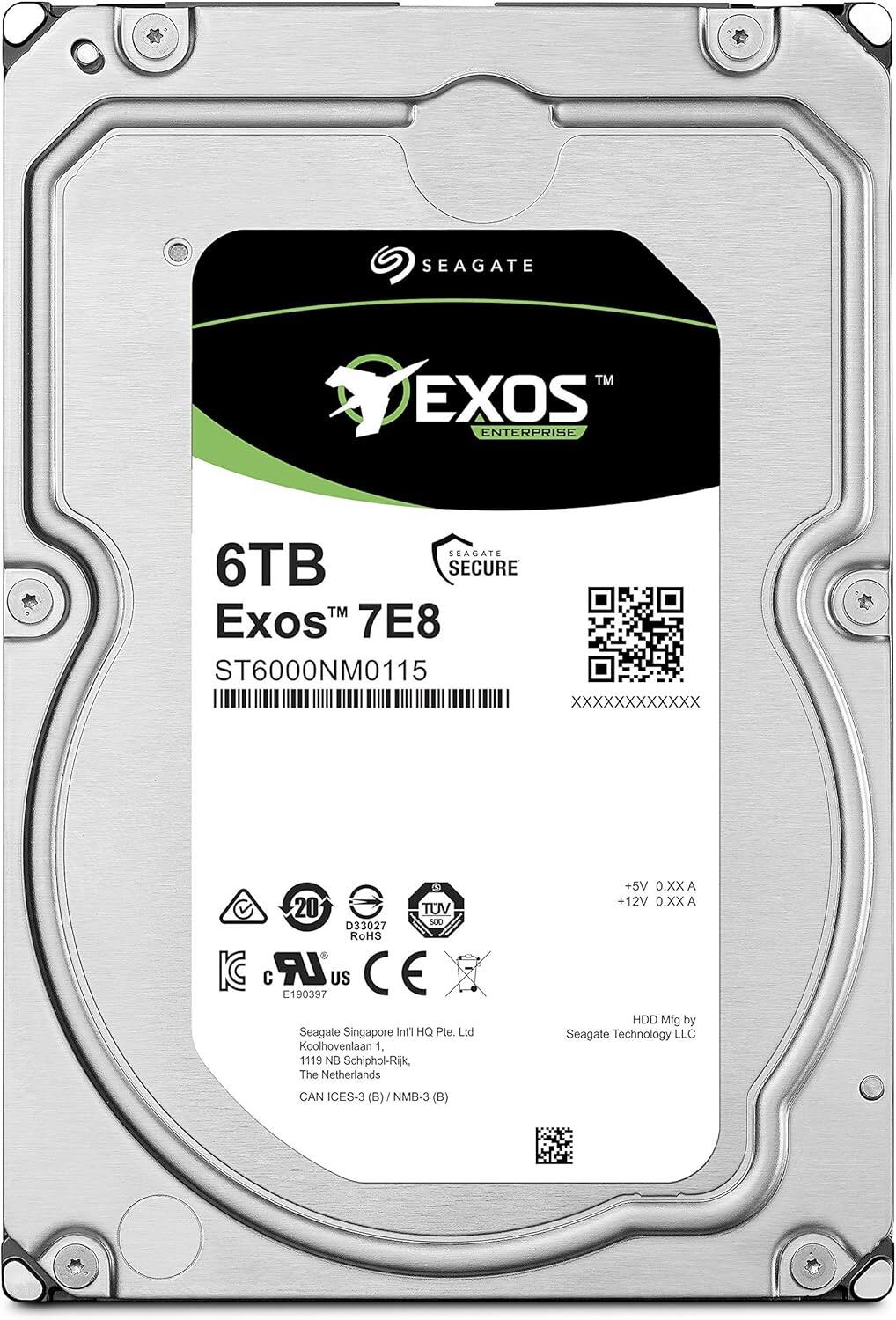 SEAGATE  
EXOS™ ENTERPRISE  
6TB  
Exos™ 7E8  
ST6000NM0115  

SEAGATE SECURE  

+5V 0.XX A  
+12V 0.XX A  

20  
TUV  
D33027  
RoHS  

Seagate Singapore Int'l HQ Pte. Ltd  
Koolhovenlaan 1, 1119 NB Schiphol-Rijk, The Netherlands  

HDD Mfg by  
Seagate Technology LLC  

CAN ICES-3 (B) / NMB-3 (B)  

E190397  
c  
US  
CE  

IC  
LR