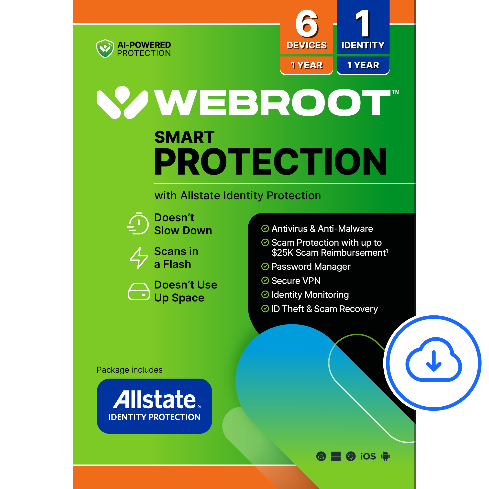 Webroot - Smart Protection (6 Device) with Allstate Identity Protection (1 Identity) (1-Year Subscription) [Digital] - Android, Apple iOS, Chrome, Mac OS, Windows [Digital]