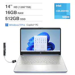 HP - 14 Laptop 14.0 HD (Intel Celeron N4500, 16GB DDR4, 512GB PCIe SSD, Intel UHD, Win 11 Pro) w/USB Hub - Sky Blue