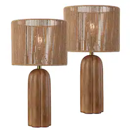 Jonathan Y - Hazel 24 in. Fluted Scalloped Cylinder Resin with Paper Rope Drum Shade LED Table Lamp, (Set of 2) - Brown Wood Finish