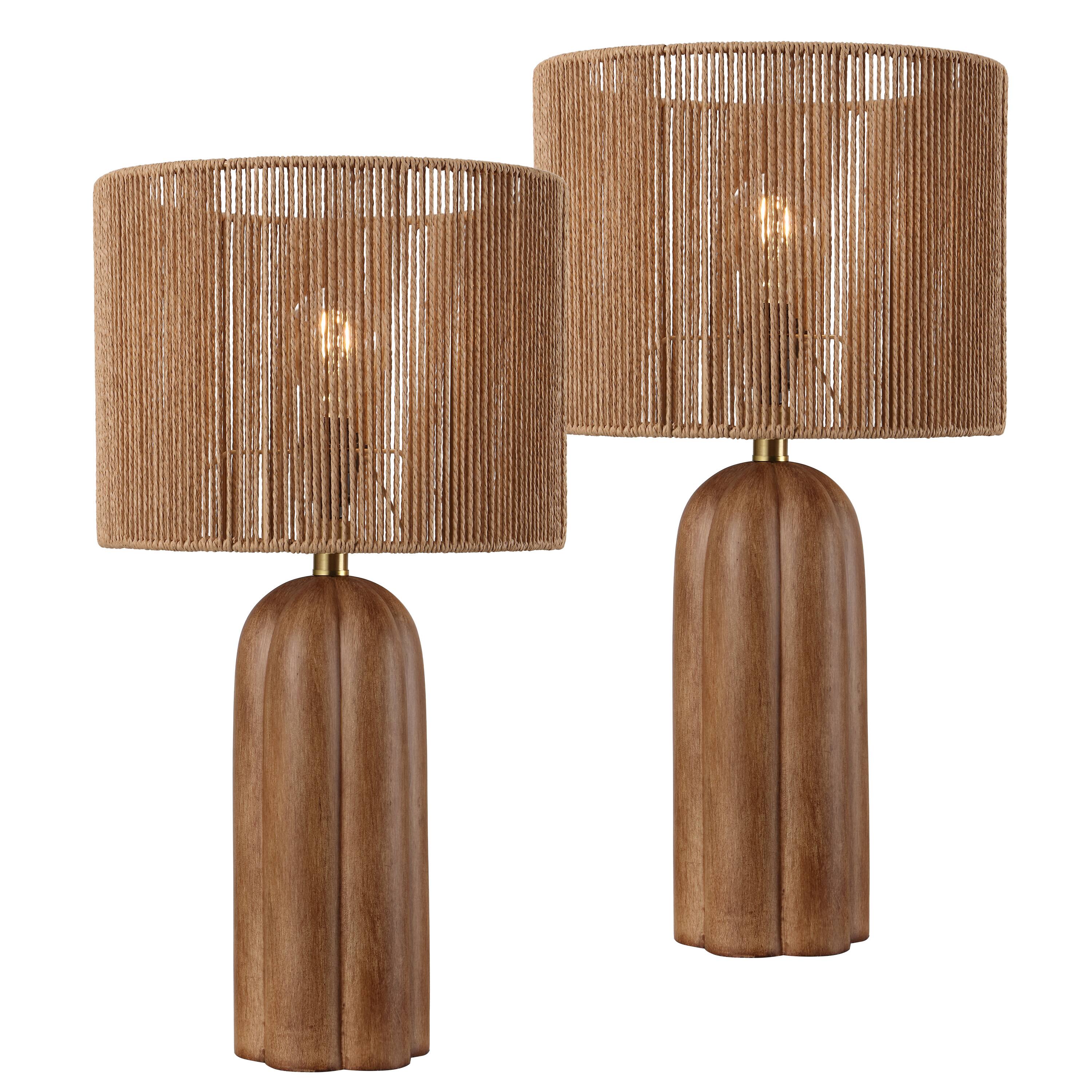 Front. Jonathan Y - Hazel 24 in. Fluted Scalloped Cylinder Resin with Paper Rope Drum Shade LED Table Lamp, Brown Wood Finish (Set of 2) - Brown Wood Finish.