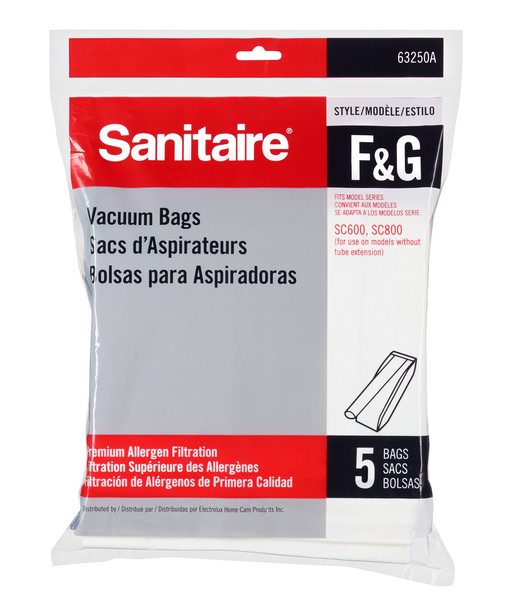 63250A

STYLE/MODELE/ESTILO

Sanitaire®

F&G

Vacuum Bags  
Sacs d'Aspirateurs  
Bolsas para Aspiradoras

FITS MODEL SERIES  
CONVIENENT AUX MODÈLES  
SE ADAPTA A LOS MODELOS SERIE  
SC600, SC800  
(for use on models without tube extension)

Premium Allergen Filtration  
Filtration Supérieure des Allergènes  
Filtración de Alérgenos de Primera Calidad

5 BAGS  
5 SACS  
5 BOLSAS

Distributed by / Distribué par / Distribuidas por Electrolux Home Care Products Inc.