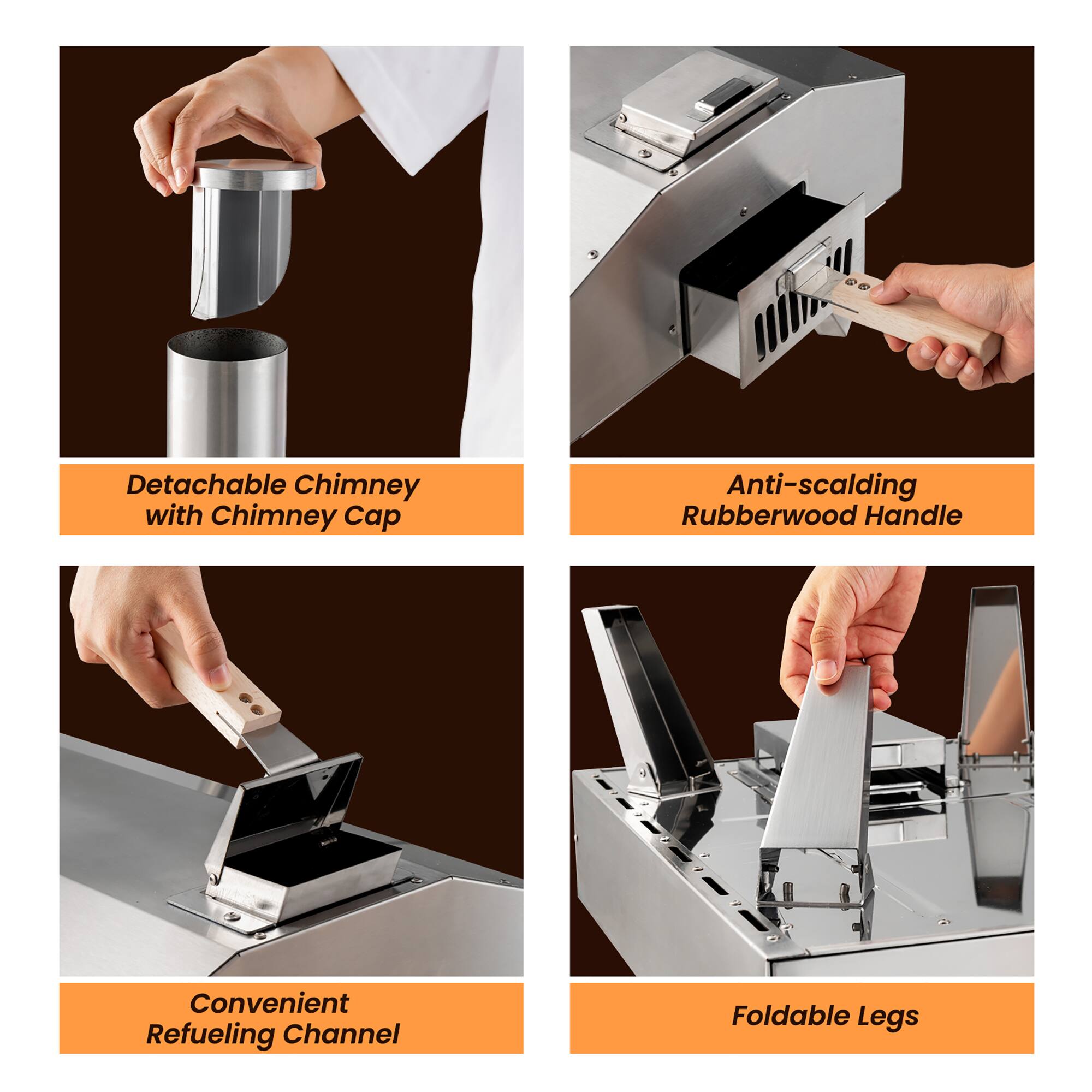The image shows a series of four different descriptions of a product, which is a portable grill. The descriptions are:

1. Detachable Chimney with Chimney Cap: This feature allows for easy cleaning and maintenance of the grill.
2. Anti-scalding Rubberwood Handle: The handle is made of rubberwood, which provides a comfortable grip and prevents burns.
3. Convenient Refueling Channel: This feature makes it easy to refuel the grill without having to remove the cooking grates.
4. Foldable Legs: The legs of the grill can be folded in for easy transport and storage.