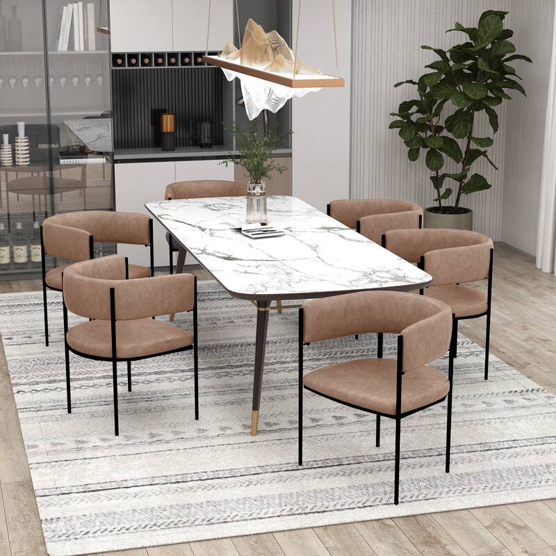 Left. LeisureMod - Cyril Modern Leather/Velvet/Suede Fabric U-Shaped Dining Chair with Iron Frame for Home Dining Room or Office - Light Brown.