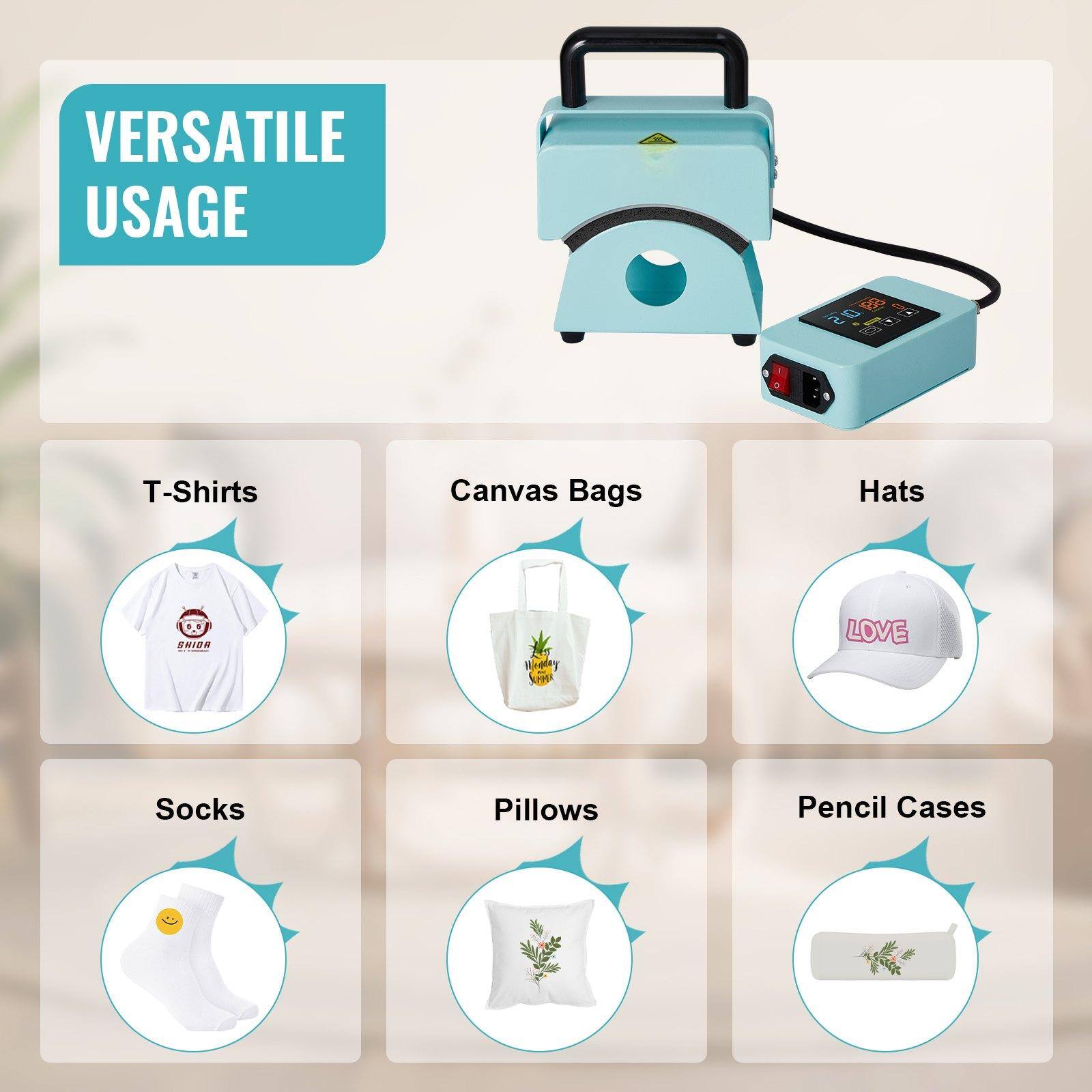 VERSATILE USAGE

- T-Shirts
- Canvas Bags
- Hats
- Socks
- Pillows
- Pencil Cases