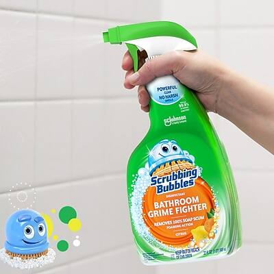POWERFUL NO HARSH  
99.9% SC  
Scrubbing Bubbles  
BATHROOM GRIME FIGHTER  
REMOVES 99.9% SOAP SCUM  
100% SOAP REMOVES  
FOAMING ACTION  
CITRUS SCENT  
CT  
REACTS  
DILATES