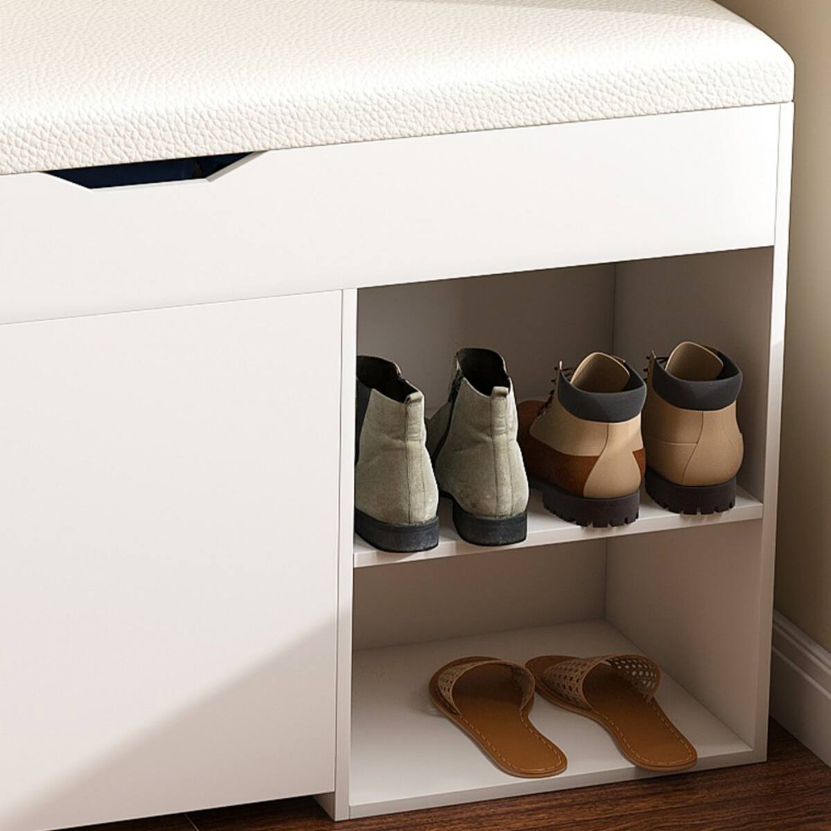Alt View 1. HTUTWOO - Entryway Bench with Shoe Storage,Adjustable 3-Tier Flip-Up Drawers & Hidden Cabinet – for Hallway, Living Room - White.