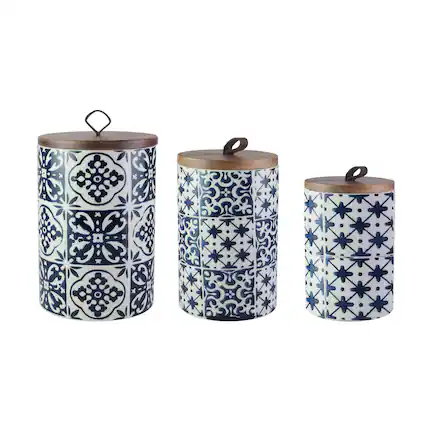 Front. American Atelier - Blue Medallions Set of 3 Canister with Wooden Lid.