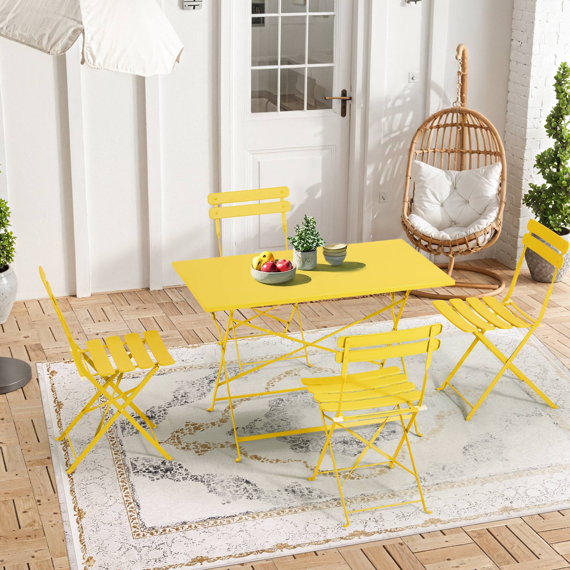 Back. U-HOMY - 5-Piece Bistro Set, Foldable Patio Dining Set, Rust-Resistant, Lightweight, Easy to Clean for Balcony, Garden, Pool - Yellow.