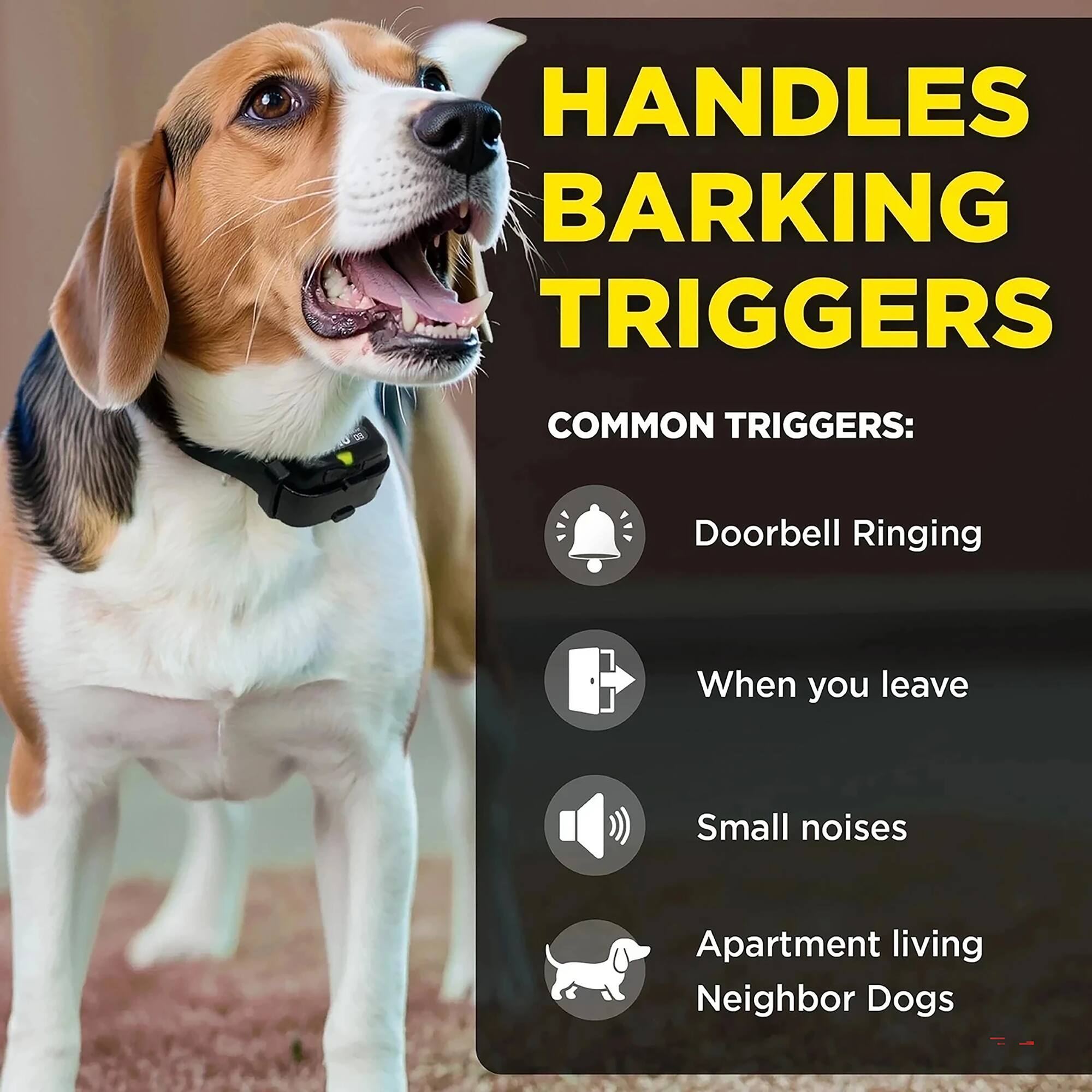 HANDLES BARKING TRIGGERS

COMMON TRIGGERS:
- Doorbell Ringing
- When you leave
- Small noises
- Apartment living
- Neighbor Dogs