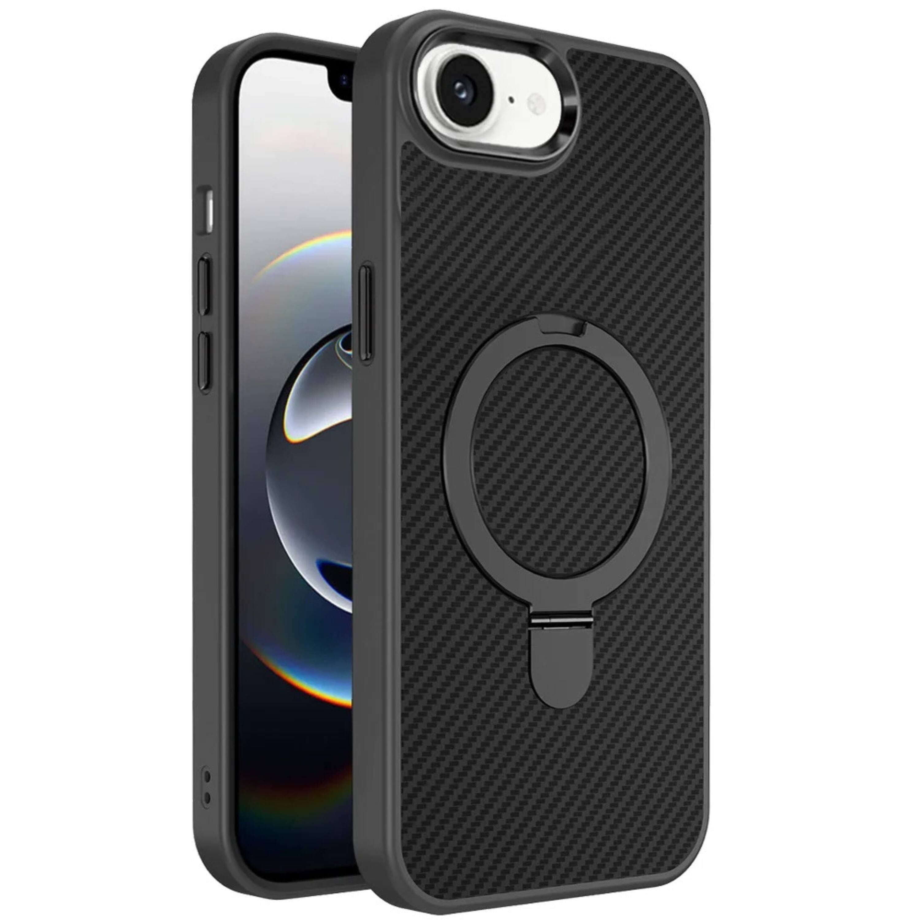Angle. Kitcheniva - Carbon Fiber Print Metal Ring Stand Rugged Phone Case With Tempered Glass For iPhone 16e 17e Brown - Brown.