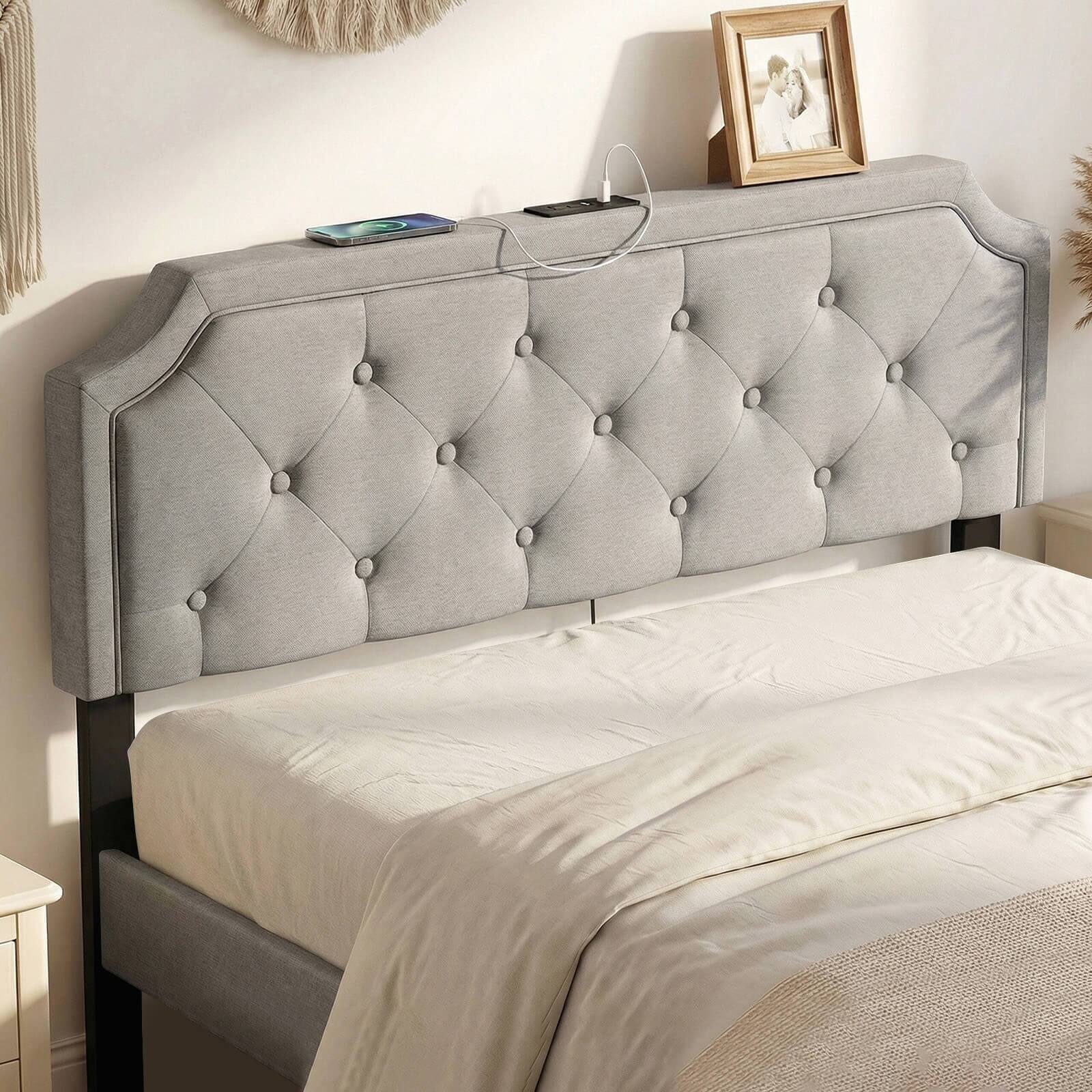 Alt View 4. Costway - Costway Headboard for Queen & Full Size Bed,Tufted Upholstered Head Board with 2 AC Outlets - Gray.