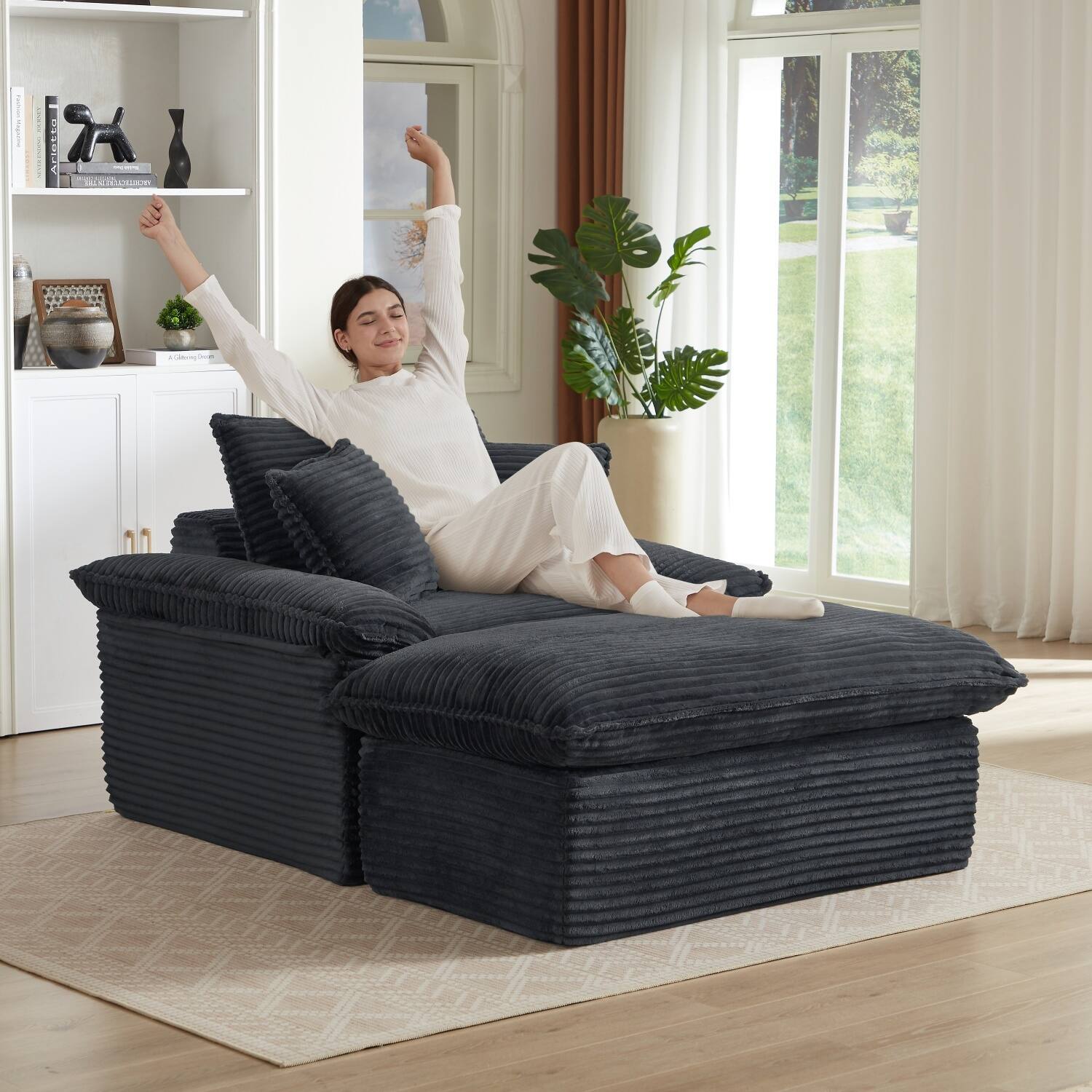 Left. Z-Edge - 52" cushioned compression sofa with unique footrest design, for living room, bedroom, apartment, office, -Dark gray - dark gray.