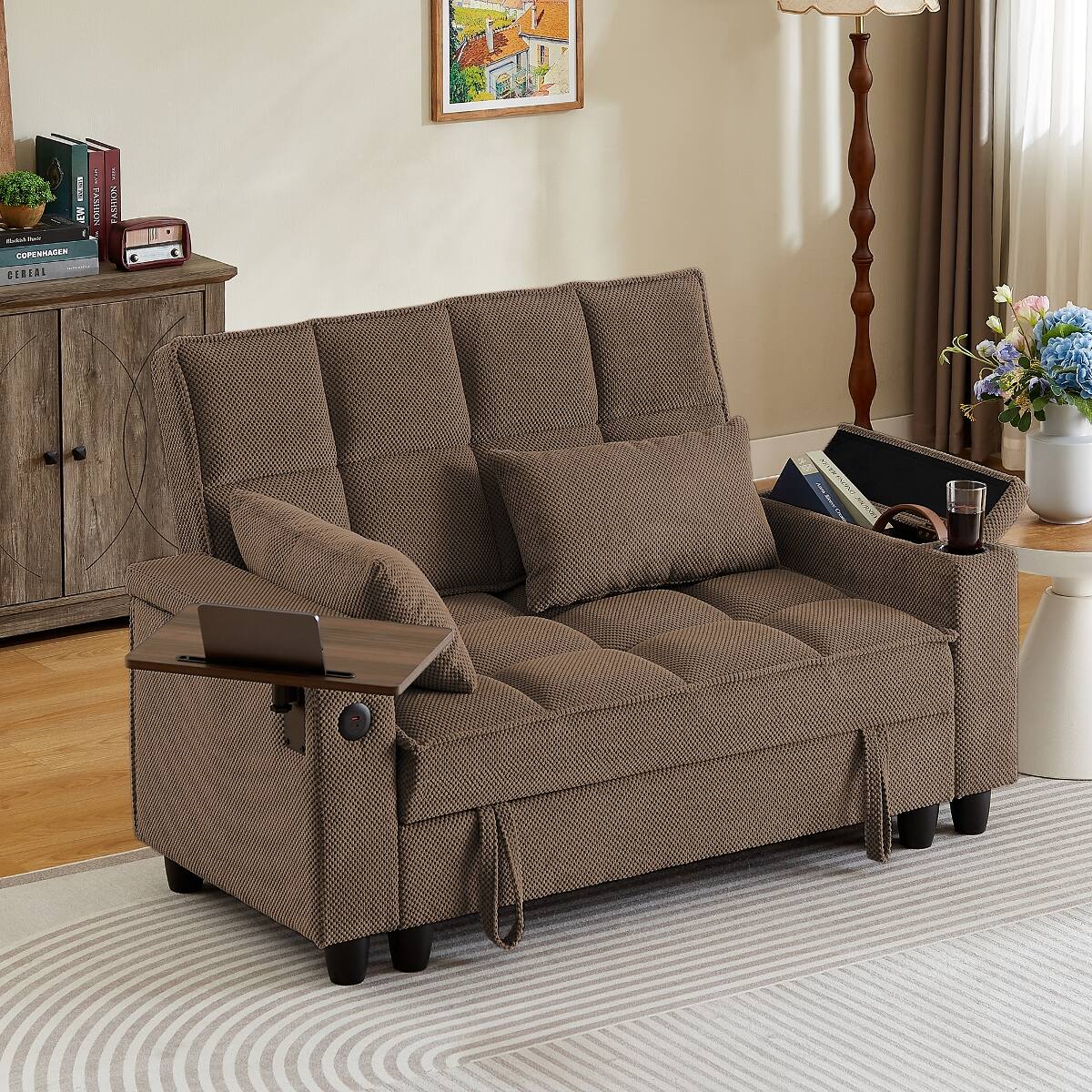 Ropilly Loveseat with Storage and USB Ports, Coffee Tufted Sofa with ...