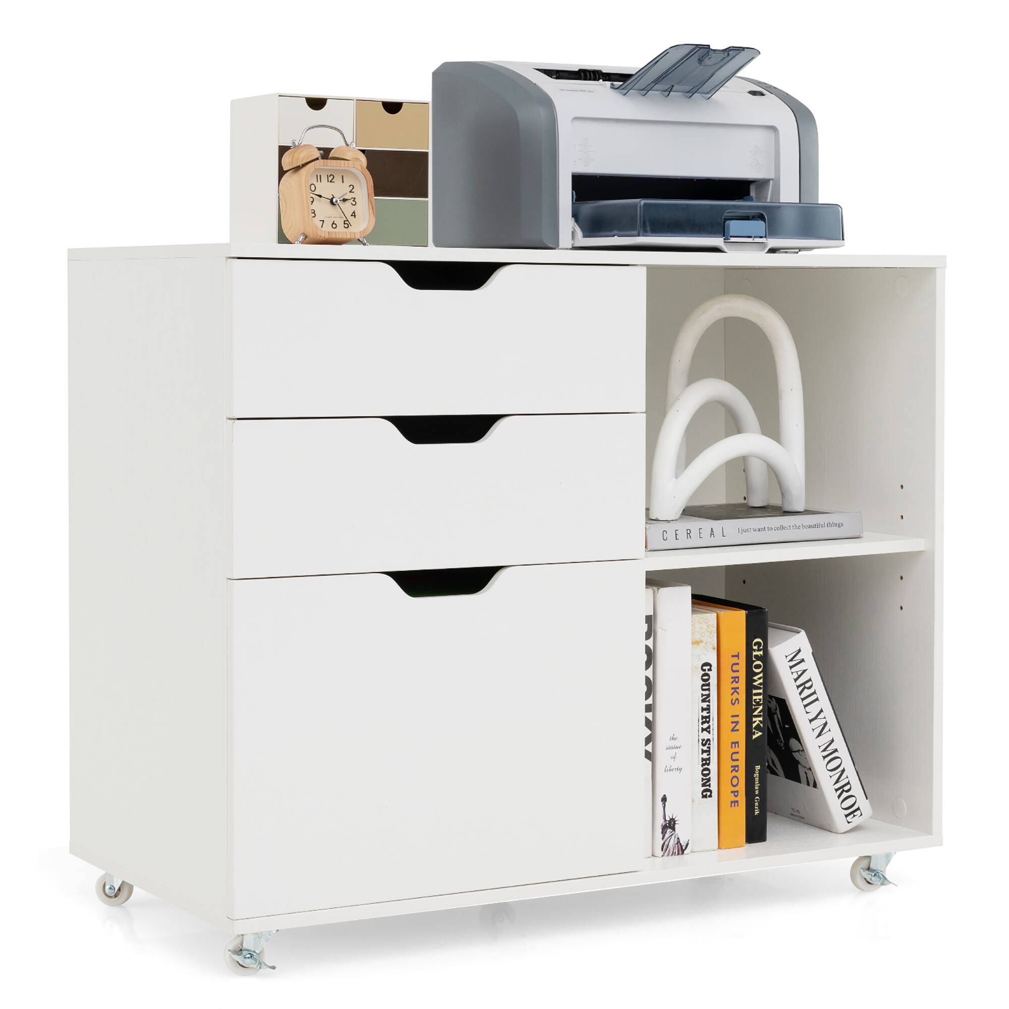 Gymax - 3-Drawer Mobile File Cabinet w/ Open Adjustable Storage Shelf for Home Office - White