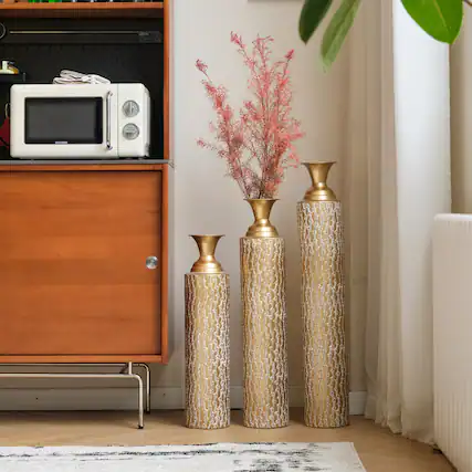 Front. Anysun - Metal Decorative Vases Set of 3 - High Distress Finish with Vine Patterns, 34"/29"/25"H for Home Decor - Gold.