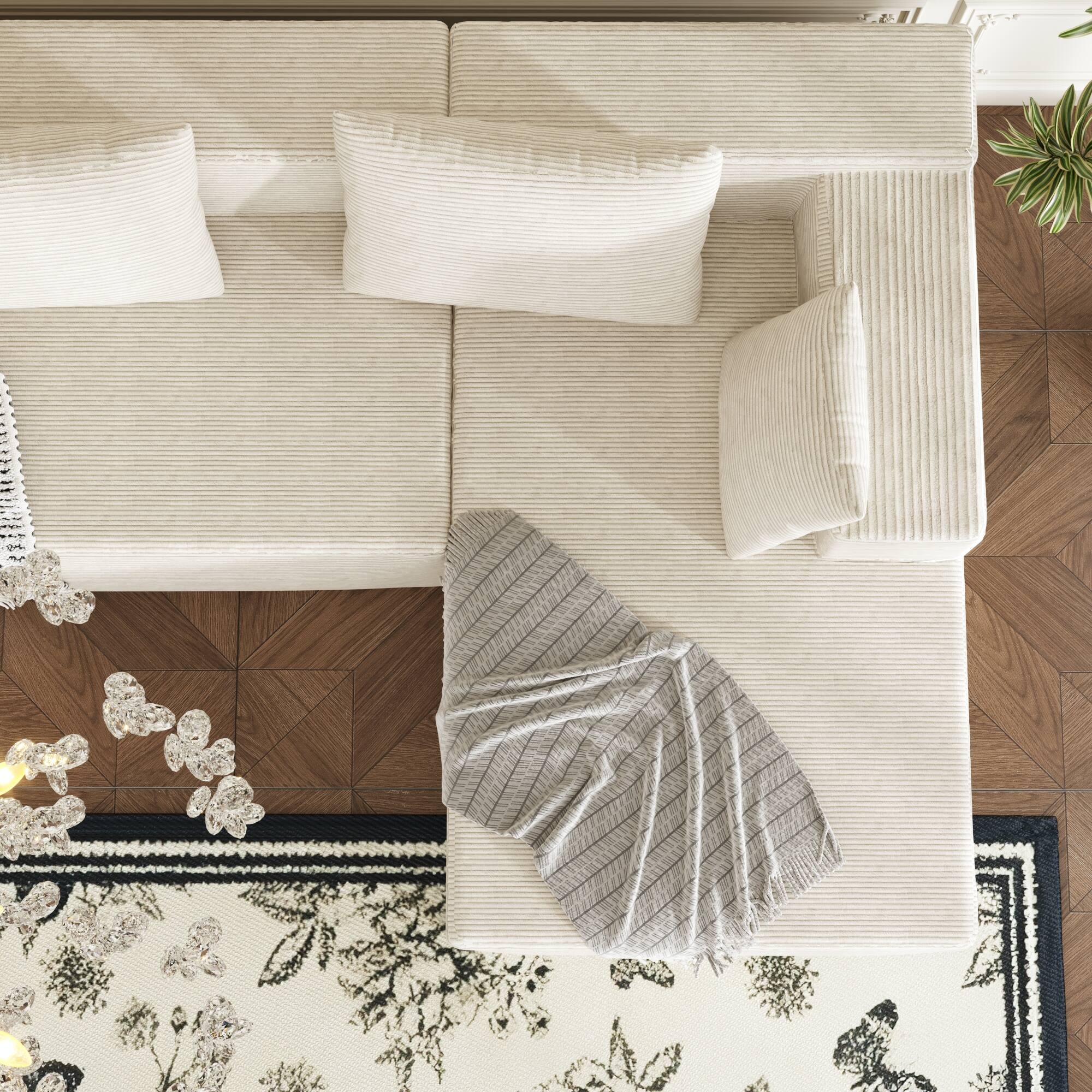 Alt View 7. FUFU&GAGA - Beige Corduroy L-Shaped Sectional Sofa with Chaise, High-Resilience Foam Cushions and Throw Pillows - Beige.